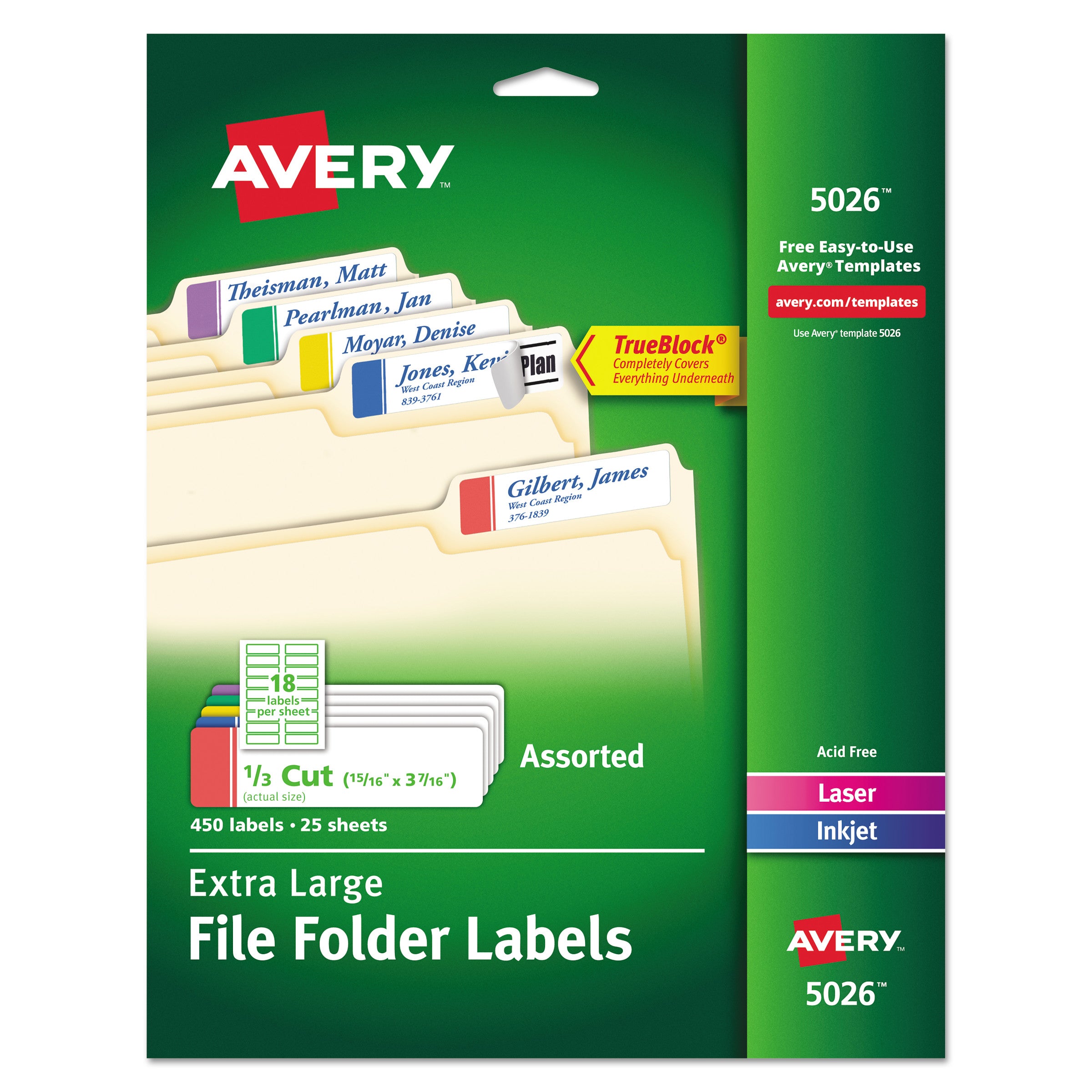 Extra-Large TrueBlock File Folder Labels with Sure Feed Technology, 0.94 x 3.44, White, 18/Sheet, 25 Sheets/Pack -