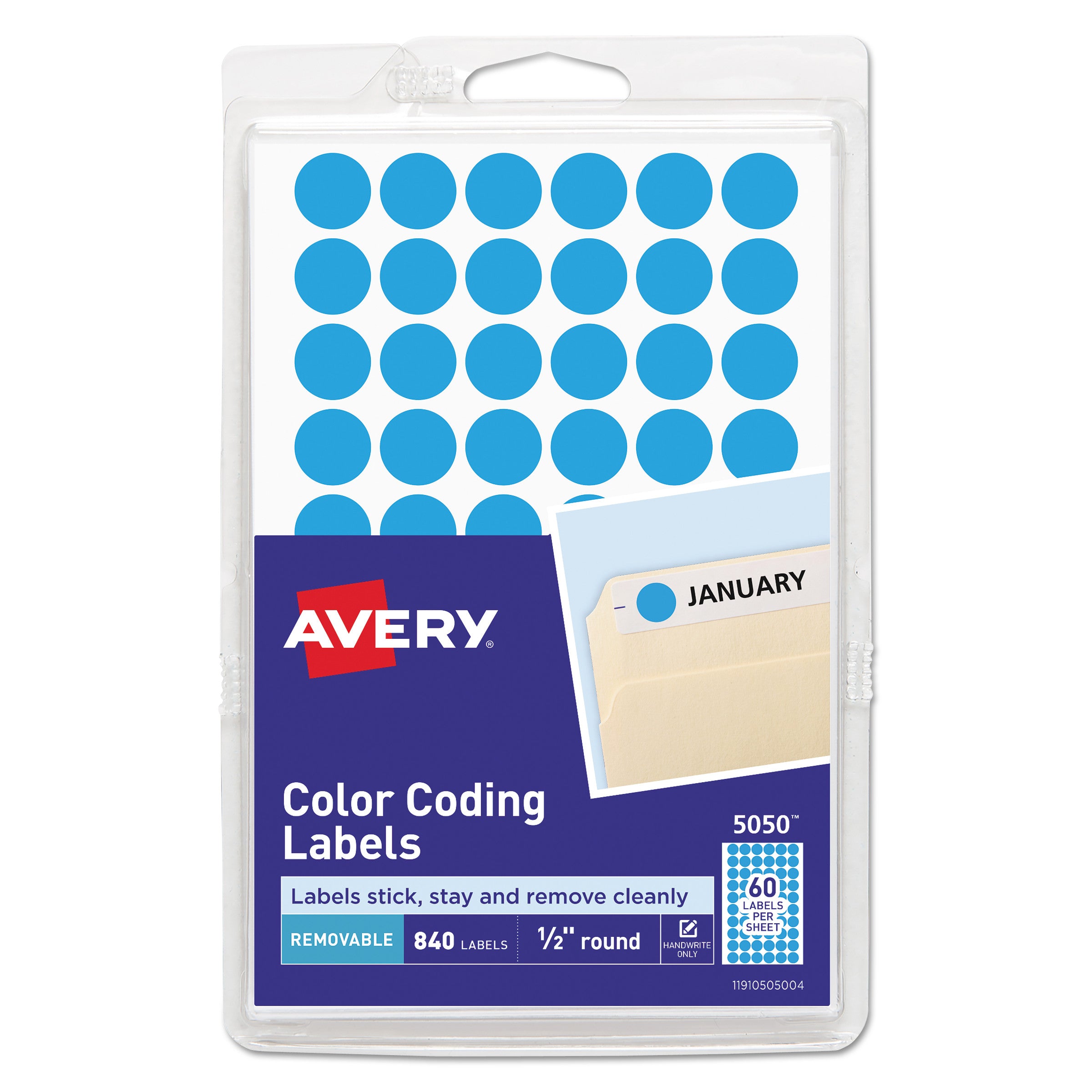 Handwrite Only Self-Adhesive Removable Round Color-Coding Labels, 0.5" dia, Light Blue, 60/Sheet, 14 Sheets/Pack, (5050) -