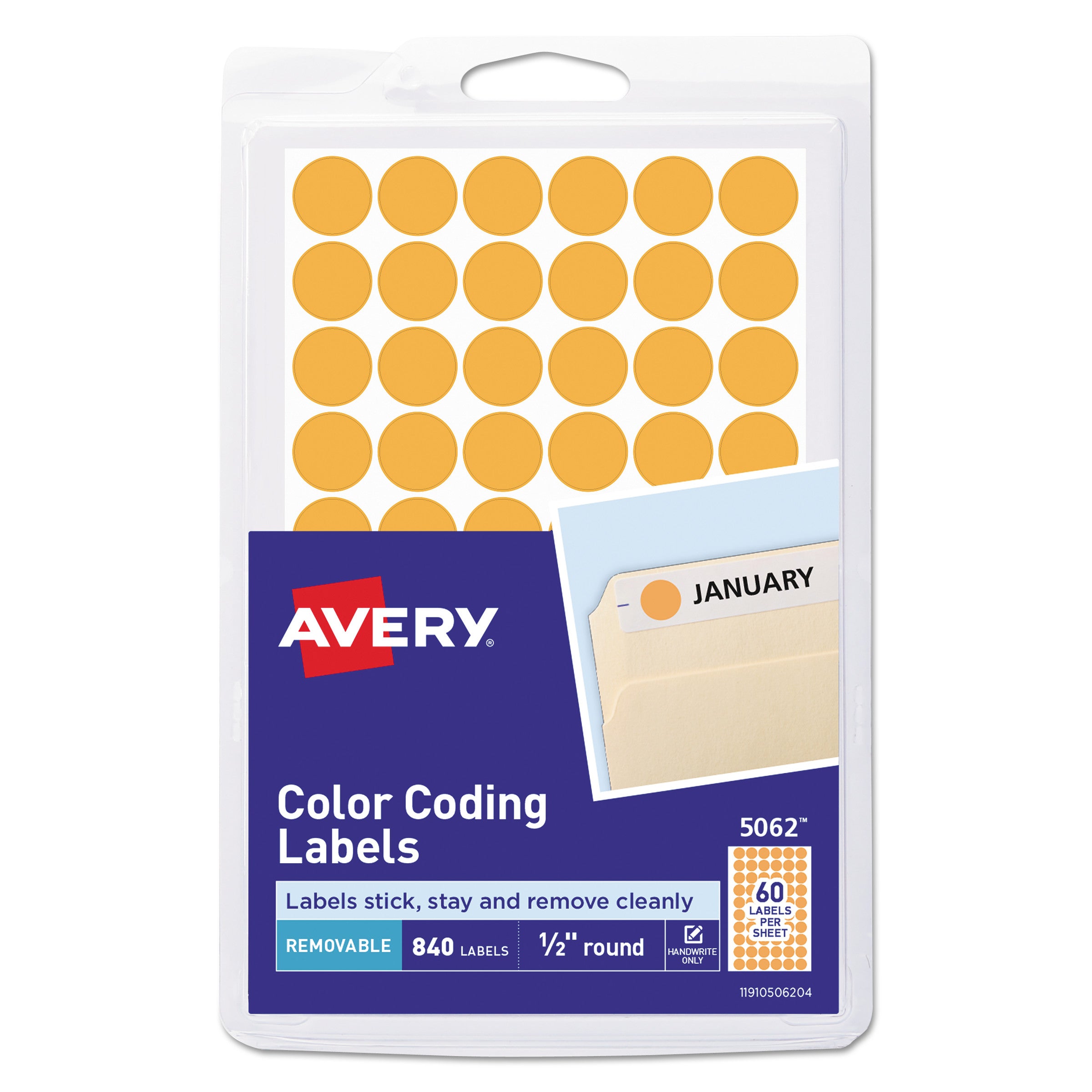 Handwrite Only Self-Adhesive Removable Round Color-Coding Labels, 0.5" dia, Neon Orange, 60/Sheet, 14 Sheets/Pack, (5062) -
