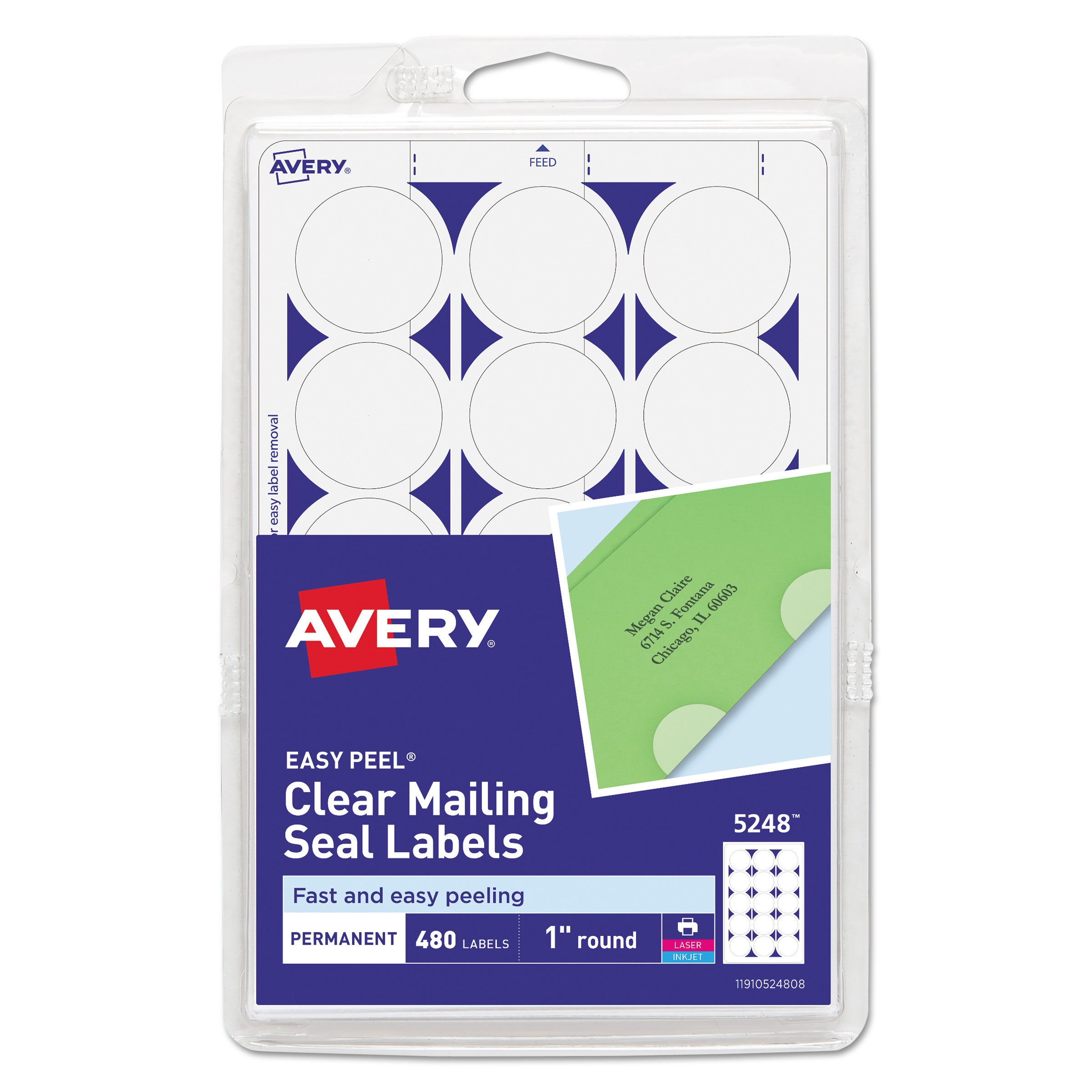 Printable Mailing Seals, 1" dia, Clear, 15/Sheet, 32 Sheets/Pack, (5248) -