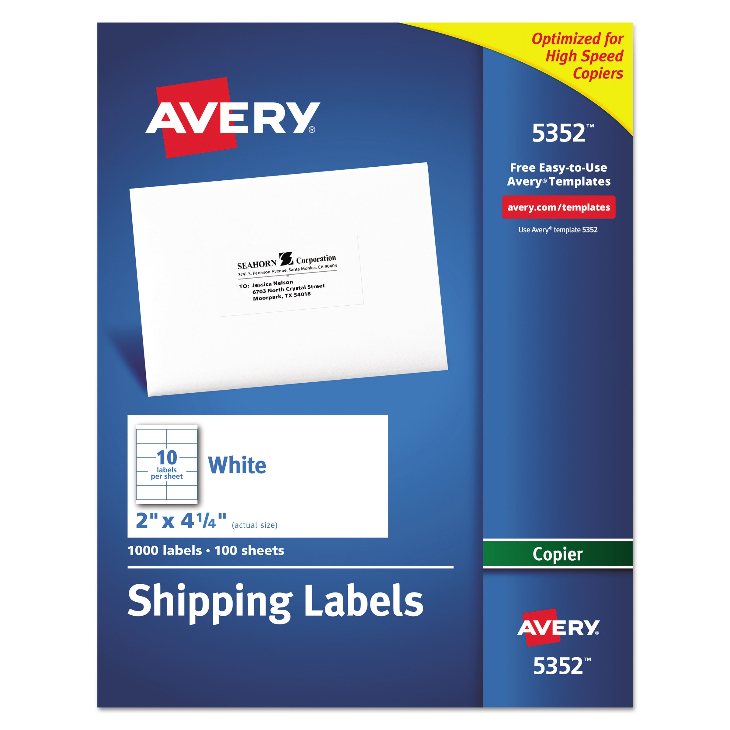 Copier Mailing Labels, Copiers, 2 x 4.25, White, 10/Sheet, 100 Sheets/Box -