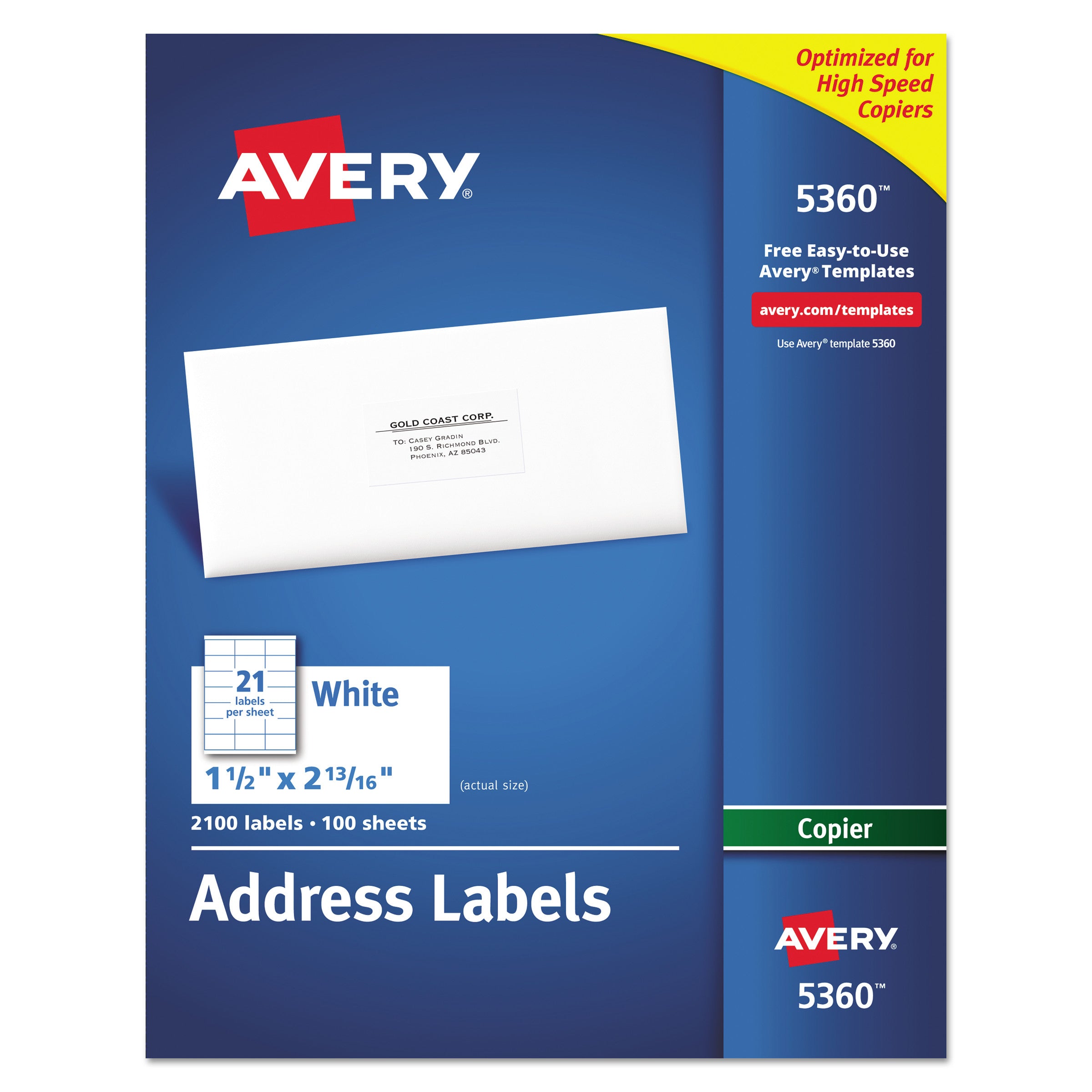 Copier Mailing Labels, Copiers, 1.5 x 2.81, White, 21/Sheet, 100 Sheets/Box -