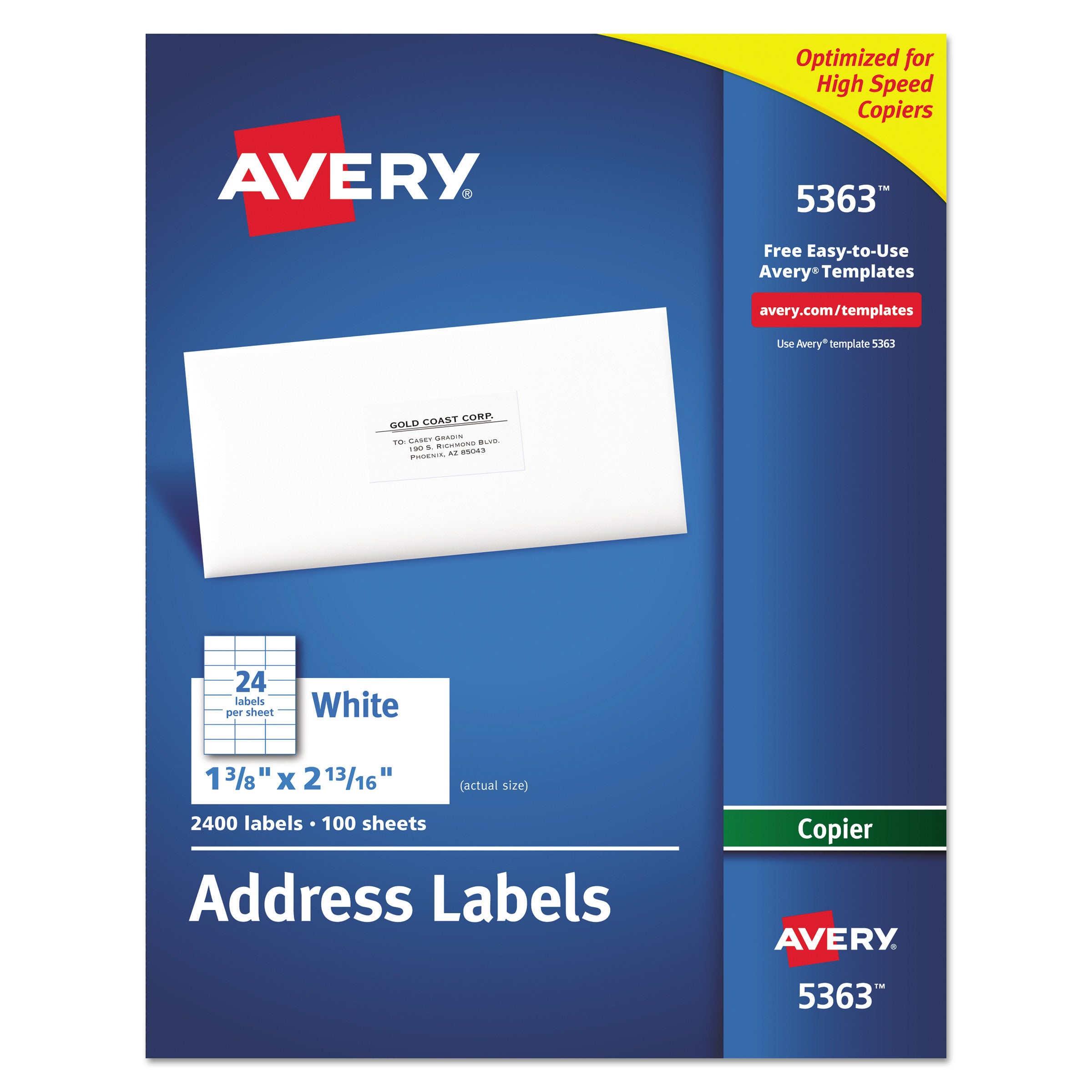 Copier Mailing Labels, Copiers, 1.38 x 2.81, White, 24/Sheet, 100 Sheets/Box -