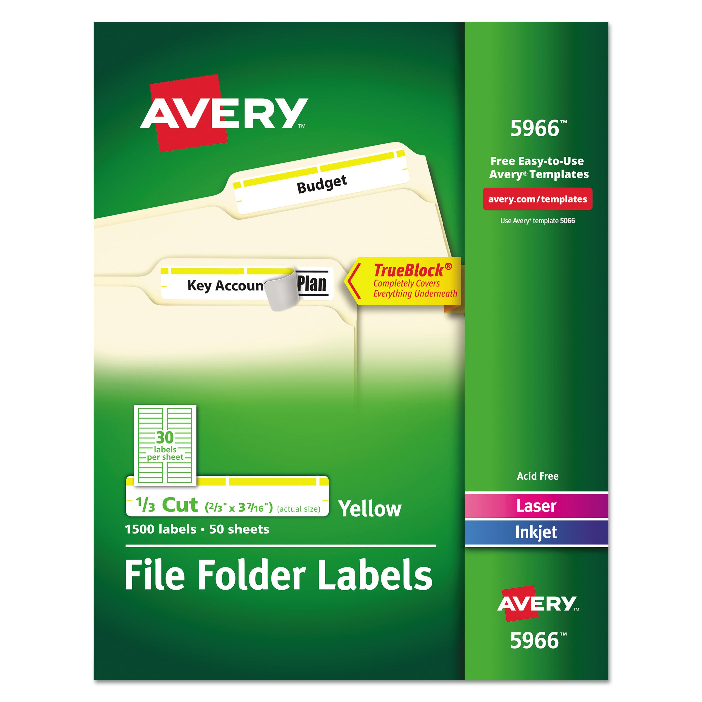 Permanent TrueBlock File Folder Labels with Sure Feed Technology, 0.66 x 3.44, Yellow/White, 30/Sheet, 50 Sheets/Box -