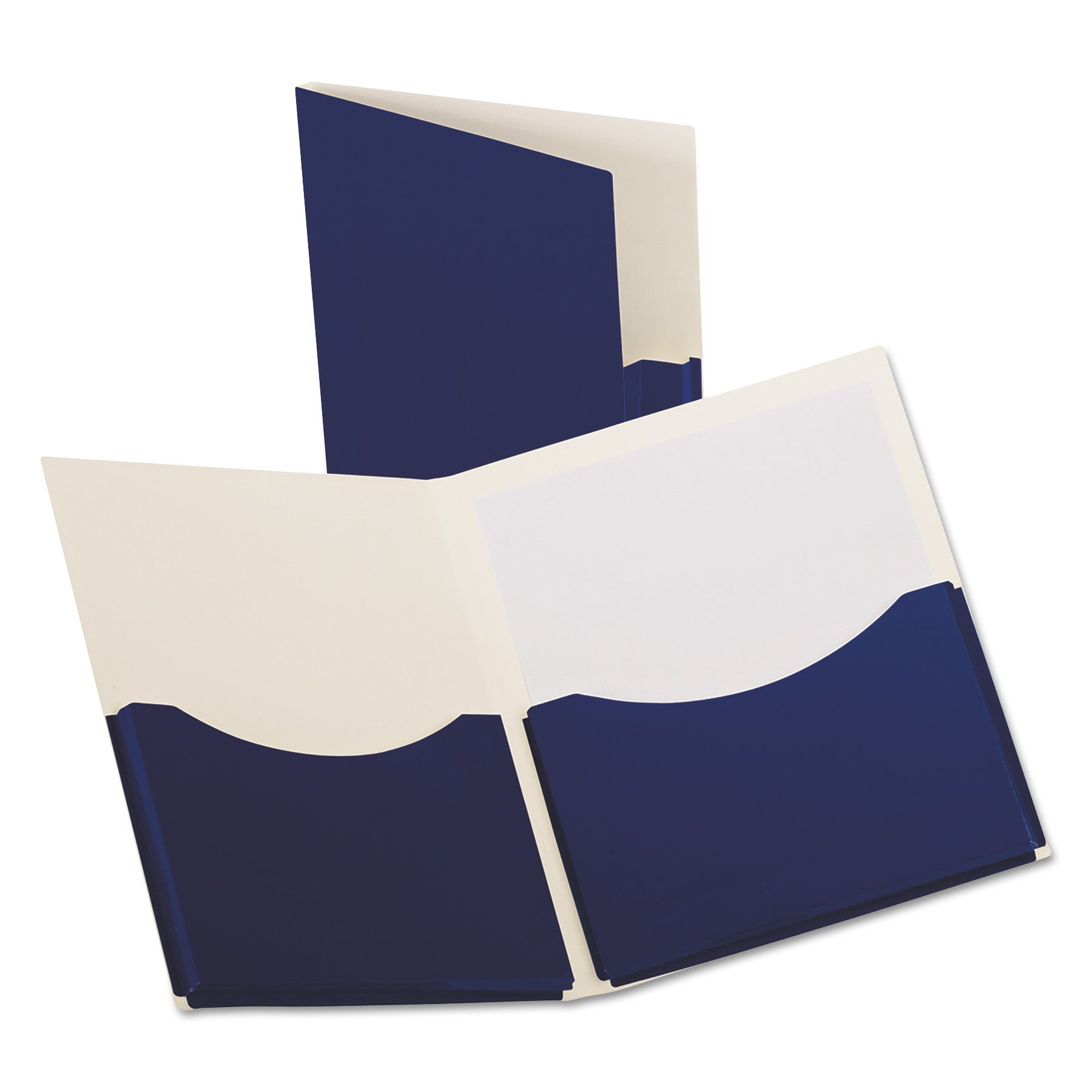 Double Stuff Gusseted 2-Pocket Laminated Paper Folder, 200-Sheet Capacity, 11 x 8.5, Navy, 20/Box -