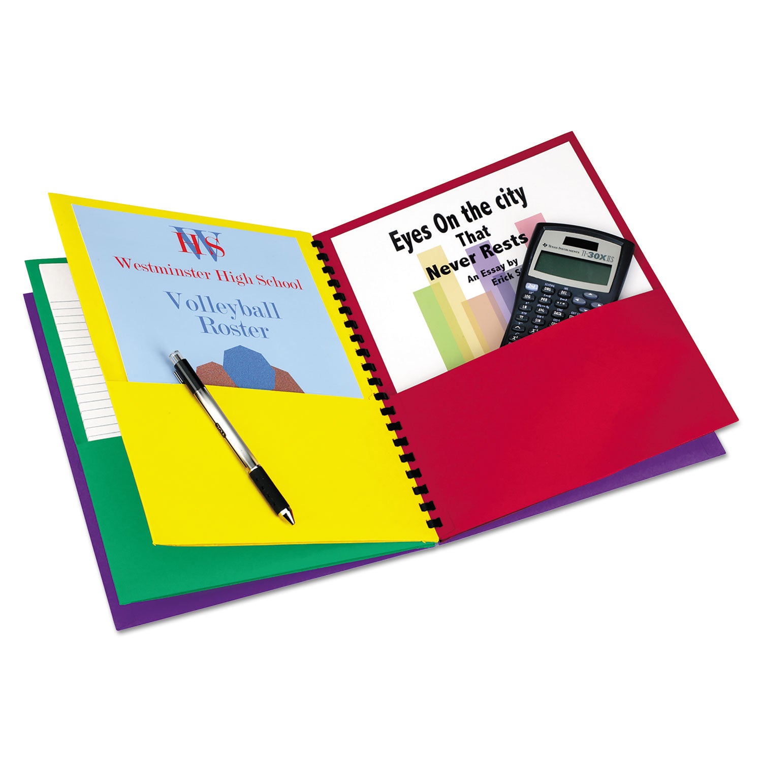 Elegant Stripe Eight-Pocket Organizer, Embossed Leather Grain, 11 x 8.5, Assorted Colors -