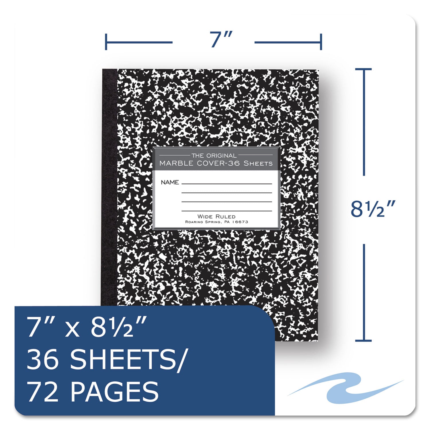 Marble Cover Composition Book, Wide/Legal Rule, Black Marble Cover, (36) 8.5 x 7 Sheets -
