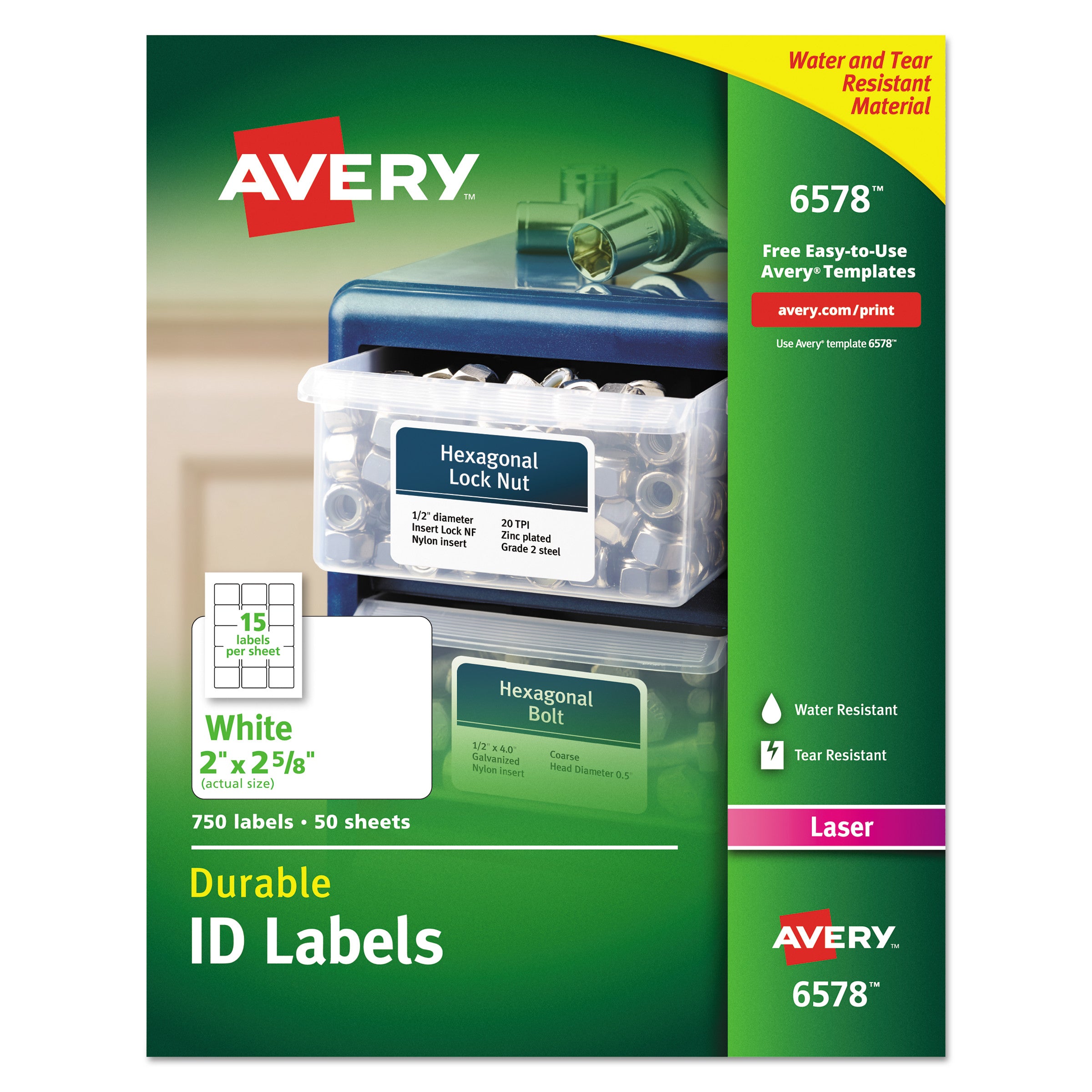 Durable Permanent ID Labels with TrueBlock Technology, Laser Printers, 2 x 2.63, White, 15/Sheet, 50 Sheets/Pack -