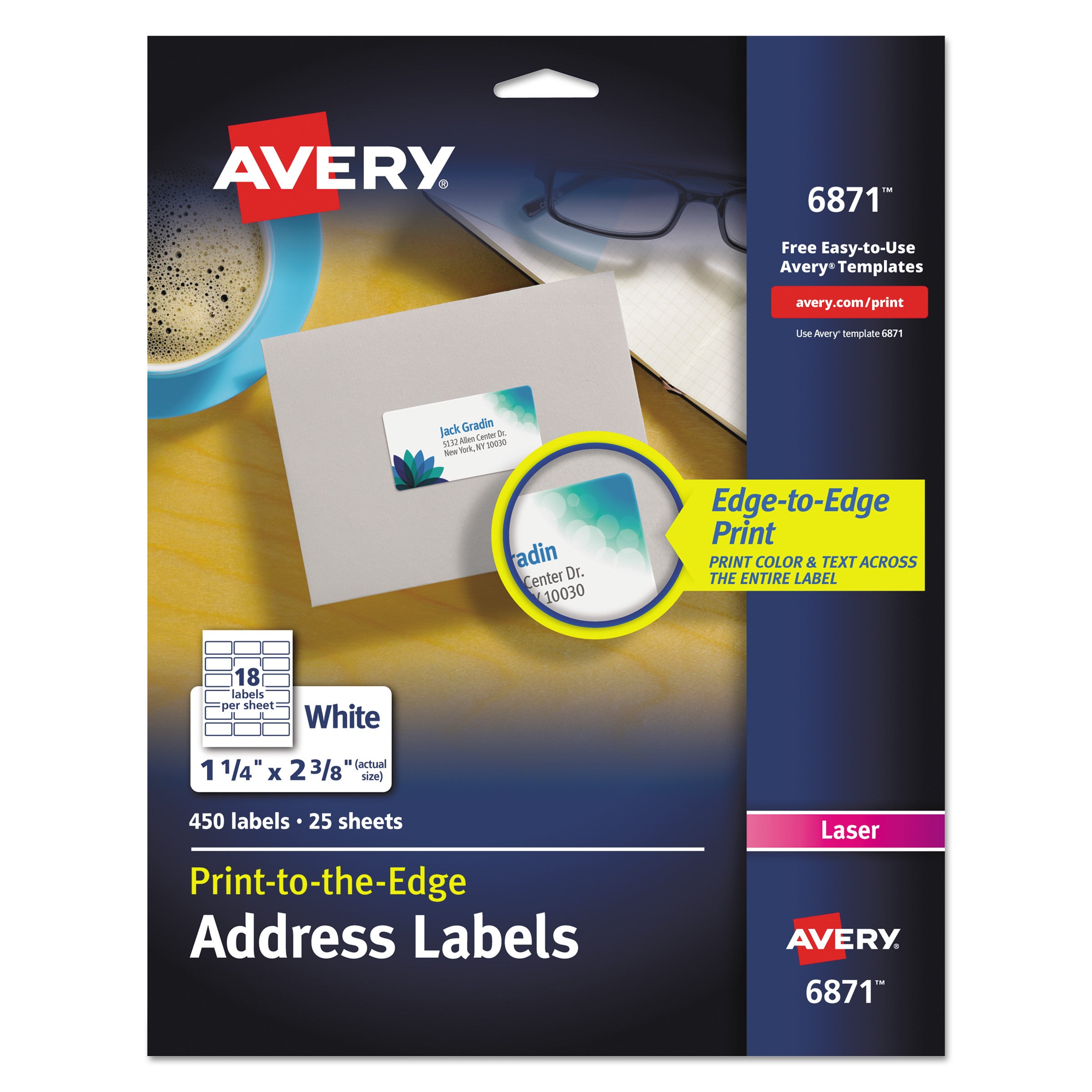 Vibrant Laser Color-Print Labels w/ Sure Feed, 1.25 x 2.38, White, 450/Pack -