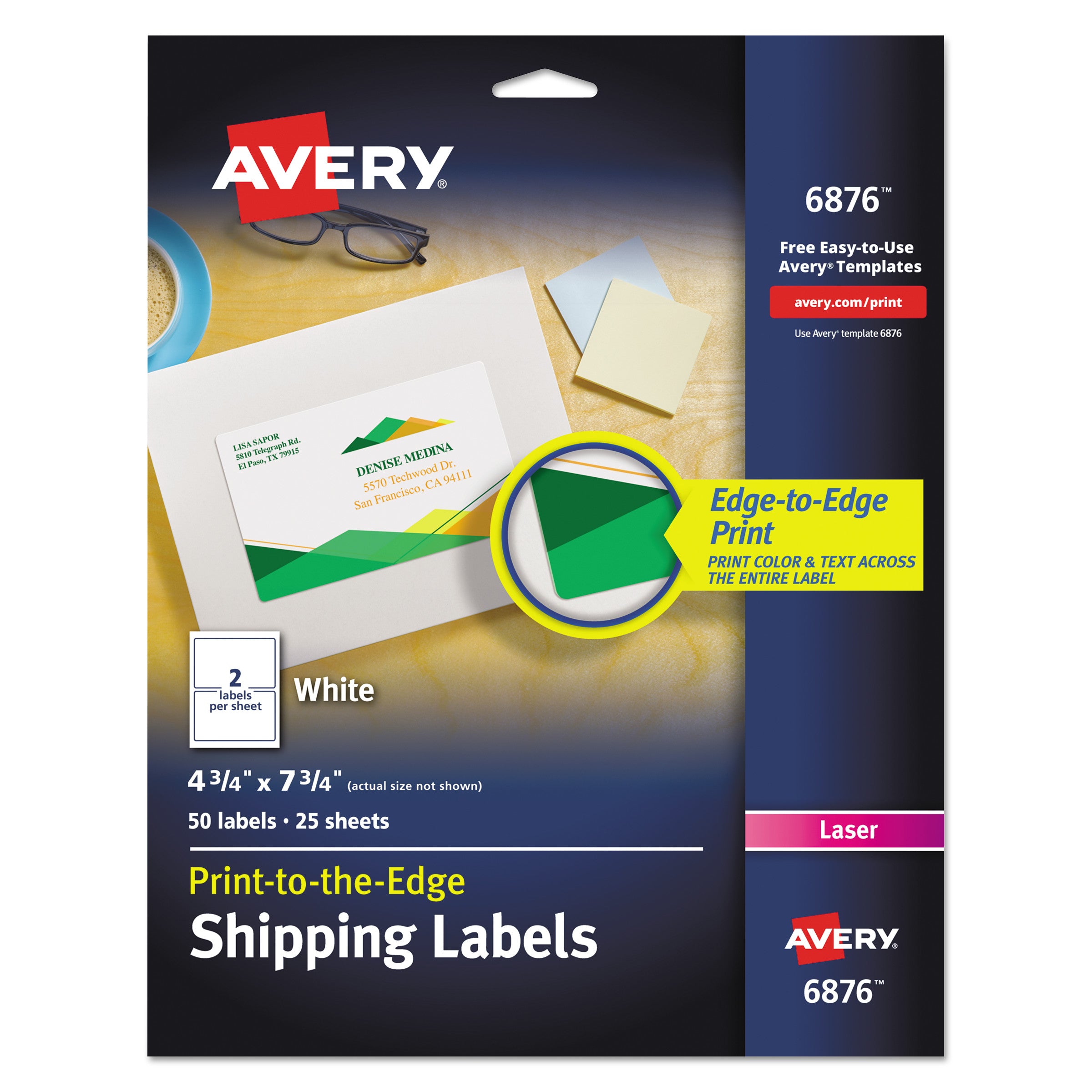 Vibrant Laser Color-Print Labels w/ Sure Feed, 4.75 x 7.75, White, 50/Pack -
