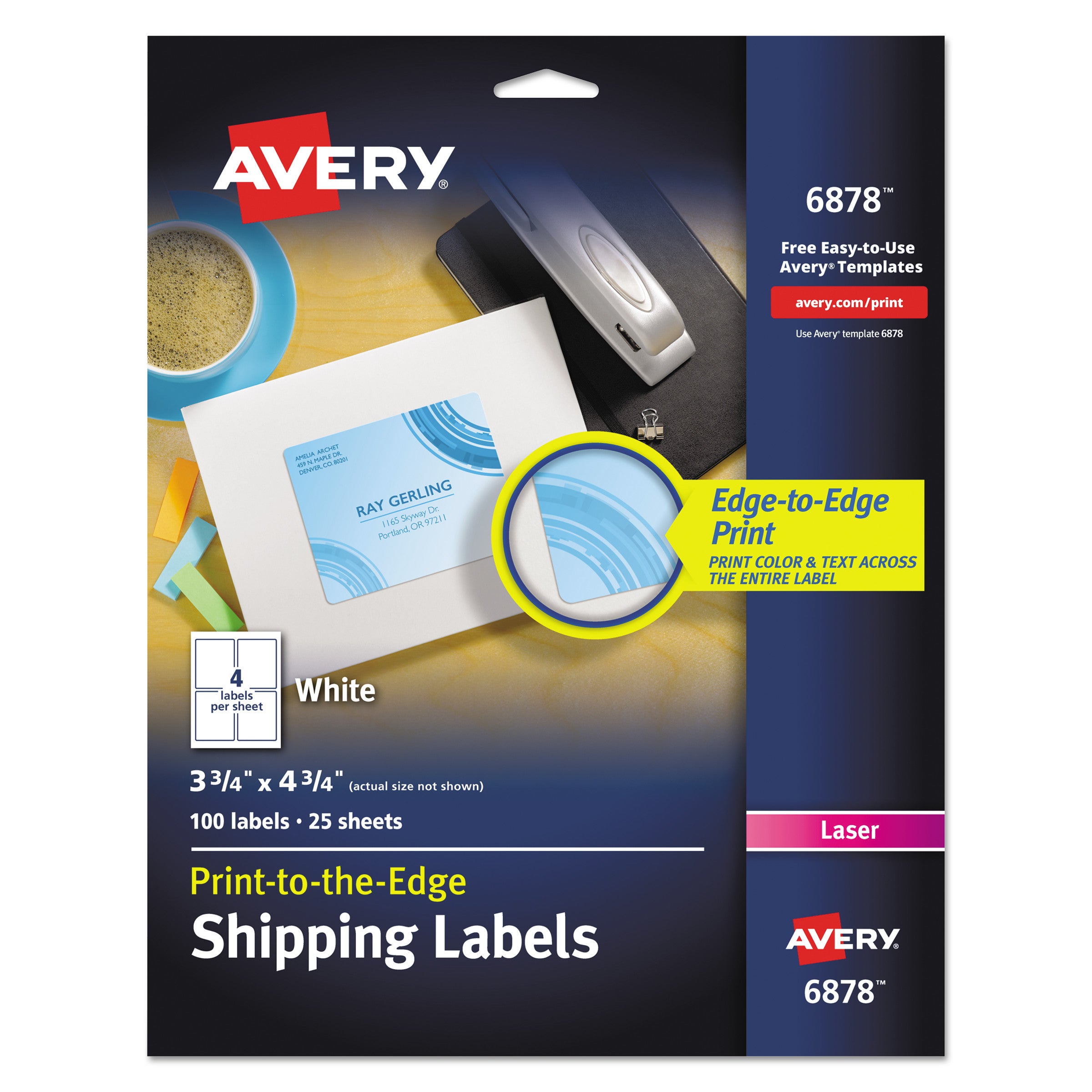 Vibrant Laser Color-Print Labels w/ Sure Feed, 3.75 x 4.75, White, 100/PK -