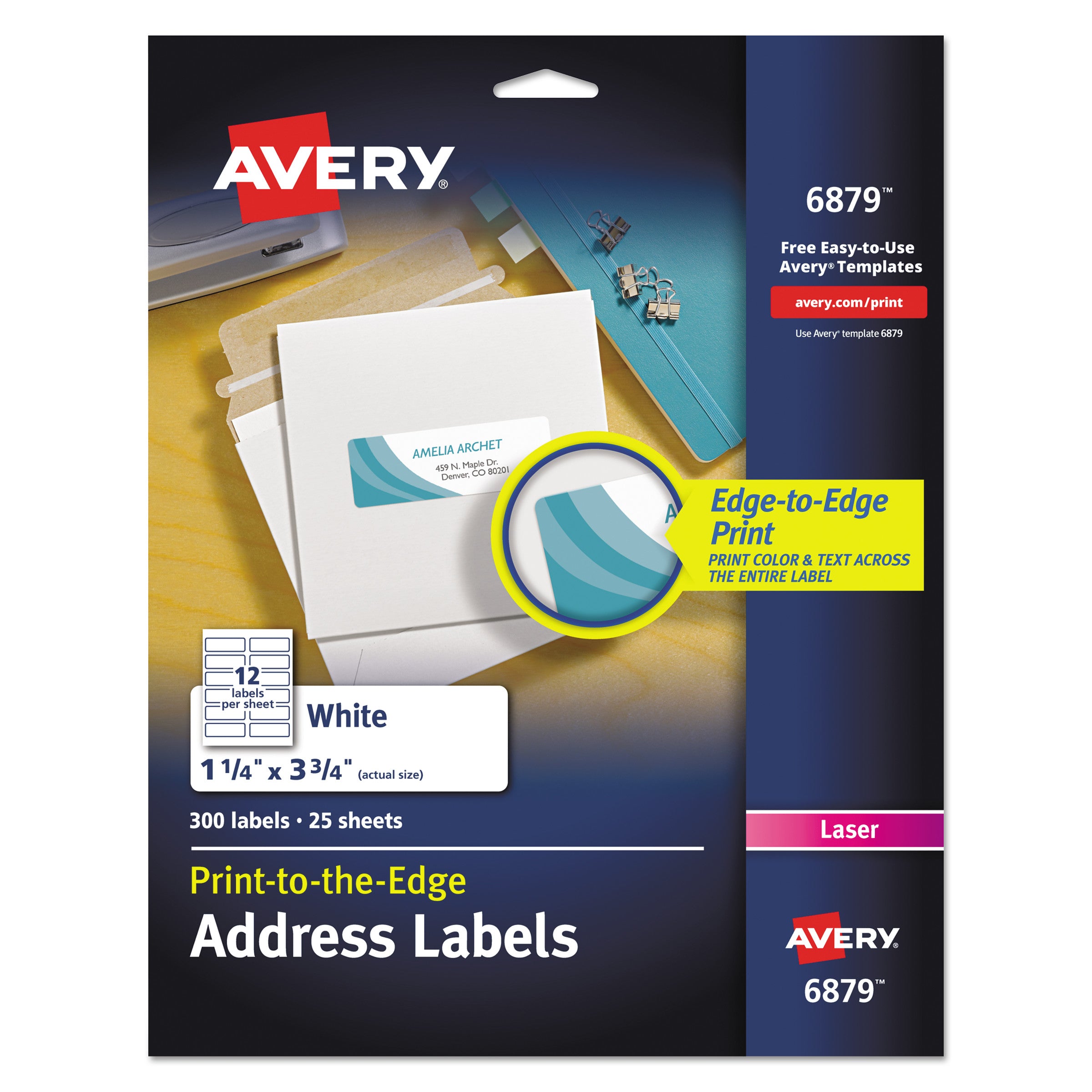 Vibrant Laser Color-Print Labels w/ Sure Feed, 1.25 x 3.75, White, 300/Pack -
