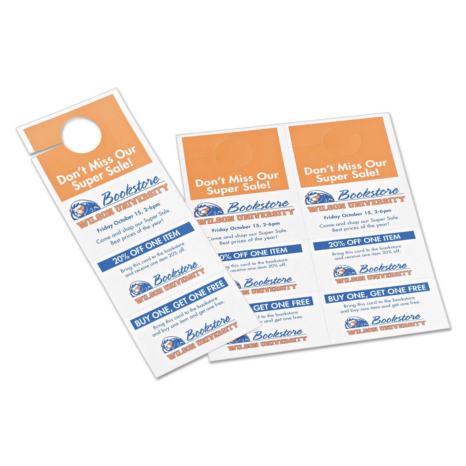 Door Hanger with Tear-Away Cards, 97 Bright, 65 lb Cover Weight, 4.25 x 11, White, 2 Hangers/Sheet, 40 Sheets/Pack -
