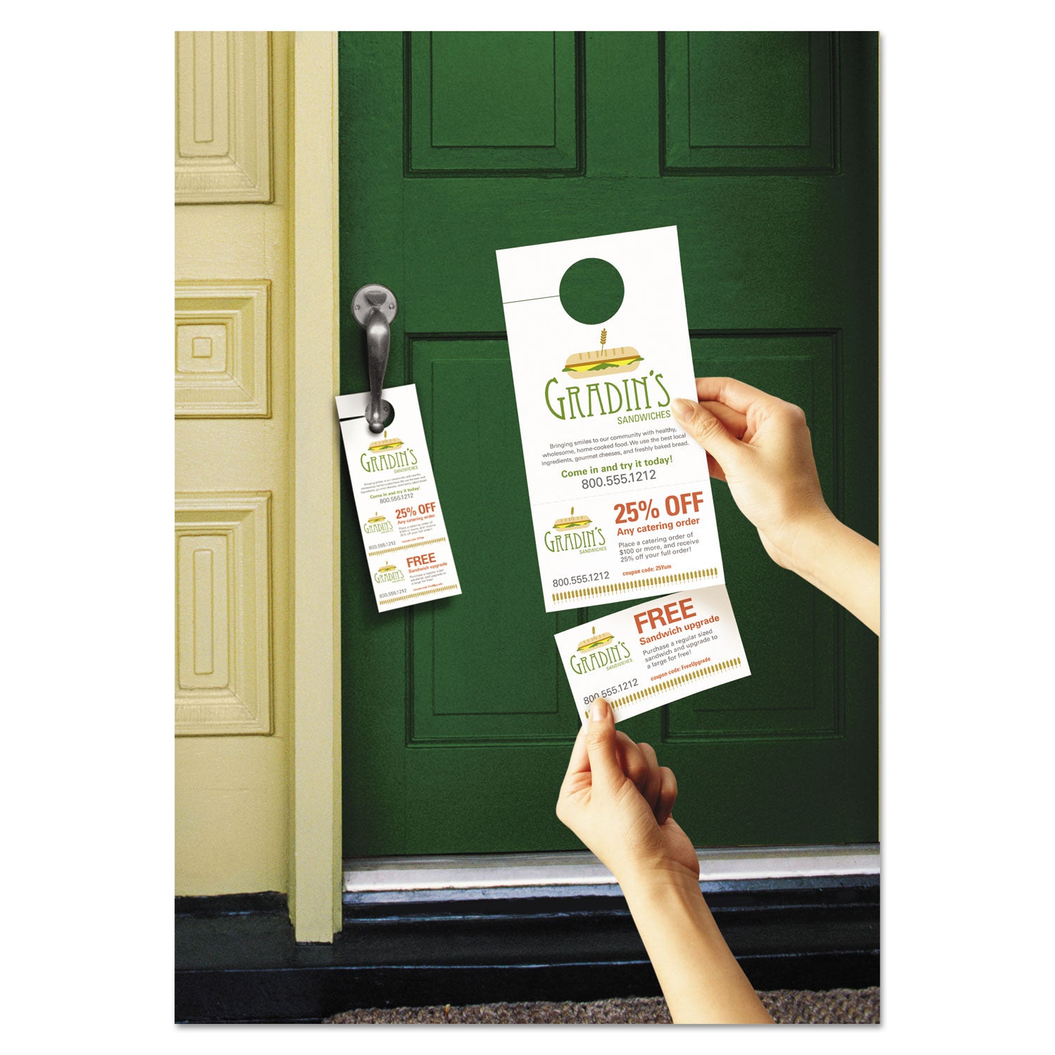 Door Hanger with Tear-Away Cards, 97 Bright, 65 lb Cover Weight, 4.25 x 11, White, 2 Hangers/Sheet, 40 Sheets/Pack -