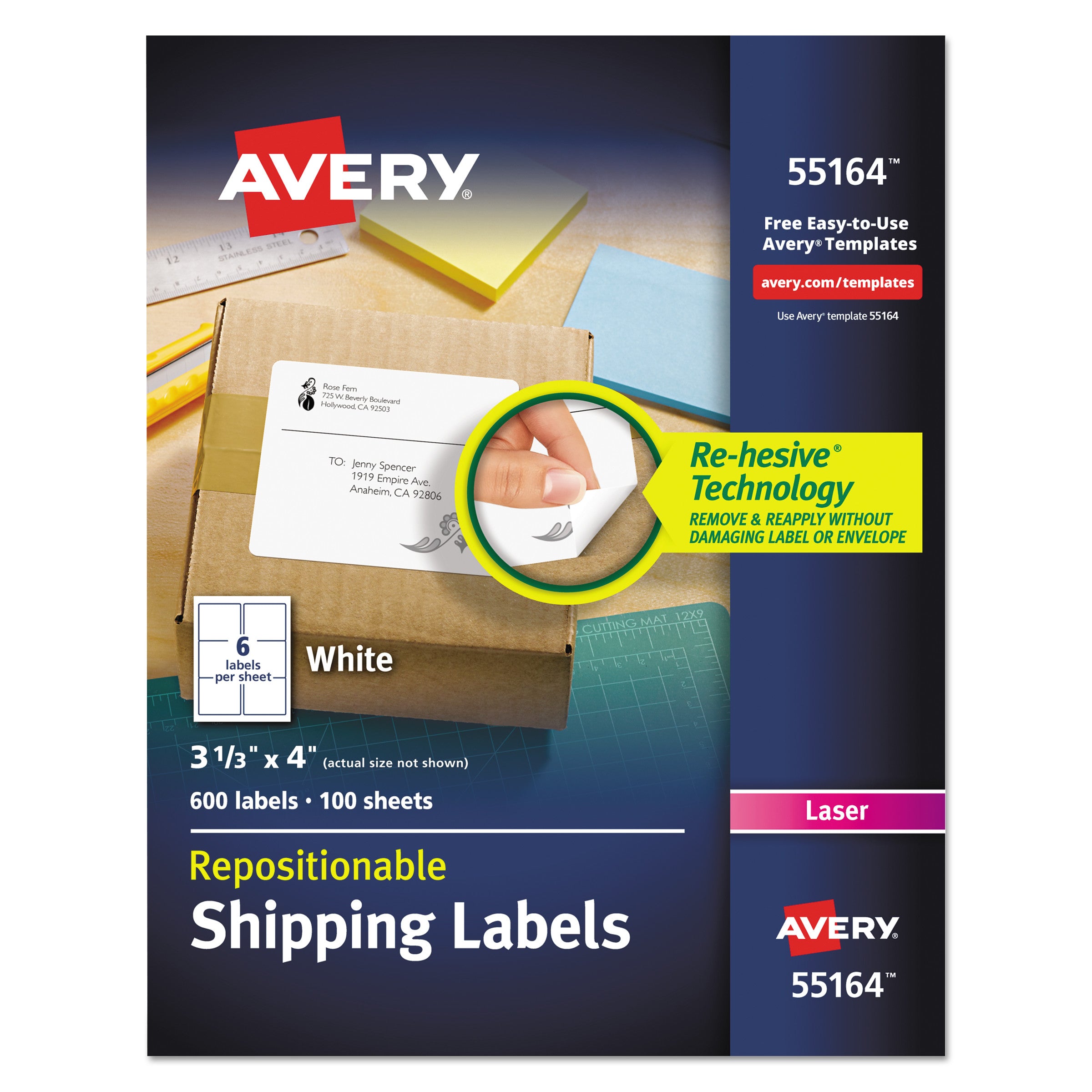 Repositionable Shipping Labels w/SureFeed, Laser, 3.33 x 4, White, 600/Box -