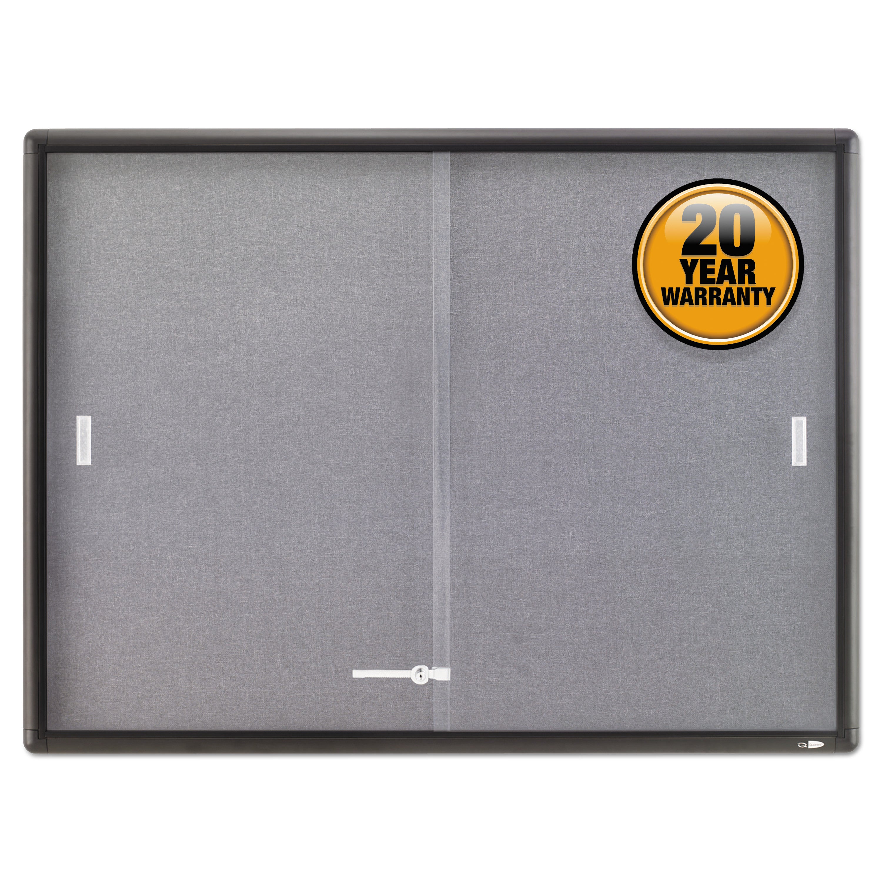 Enclosed Indoor Cork and Gray Fabric Bulletin Board with Two Sliding Glass Doors, 48 x 36, Graphite Gray Aluminum Frame -
