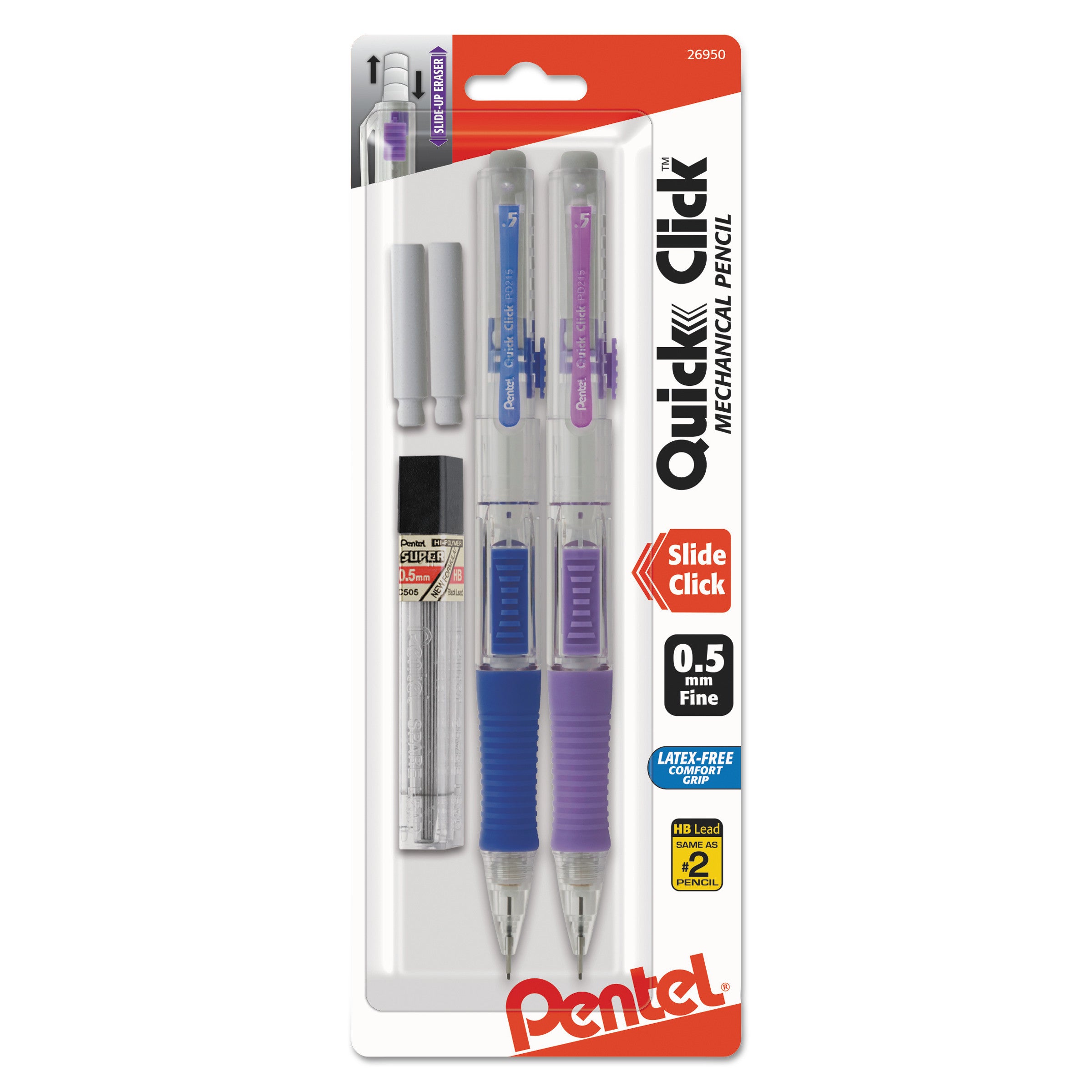 quick-click-mechanical-pencils-with-tube-of-lead-erasers-05-mm-hb-#2-black-lead-assorted-barrel-colors-2-pack_penpd215lebp2 - 1