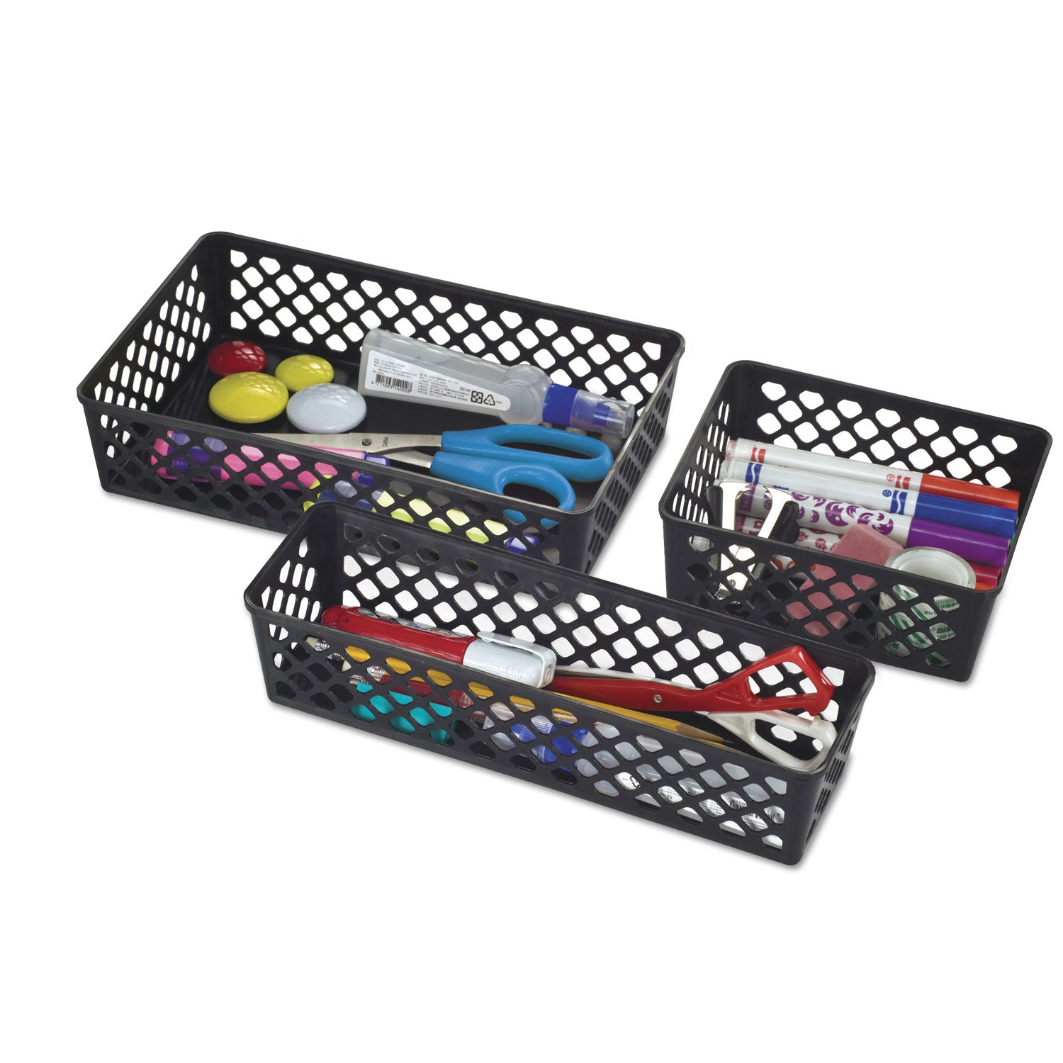 Recycled Supply Basket, Plastic, 10.13 x 3.06 x 2.38, Black, 3/Pack -