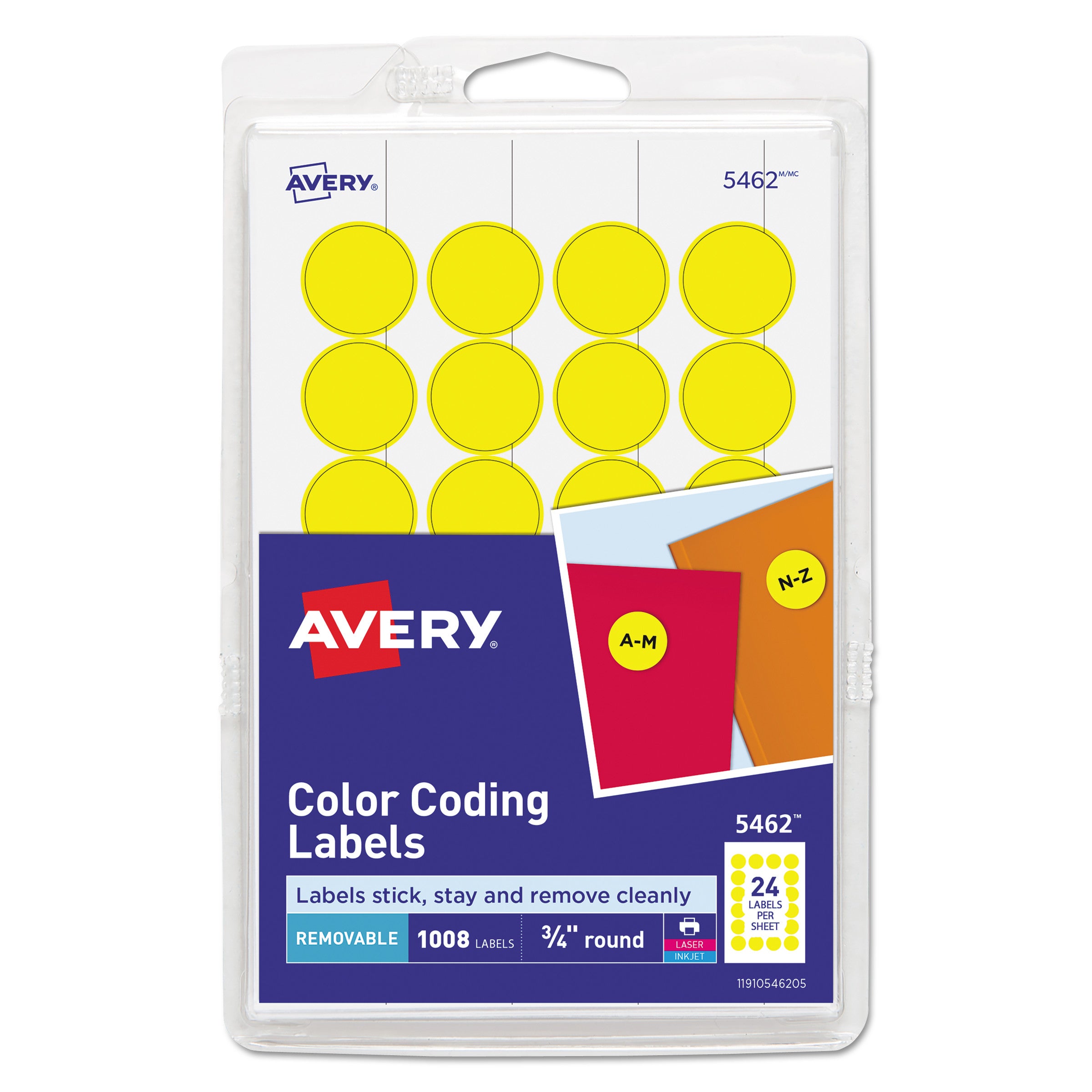 Printable Self-Adhesive Removable Color-Coding Labels, 0.75" dia, Yellow, 24/Sheet, 42 Sheets/Pack, (5462) -