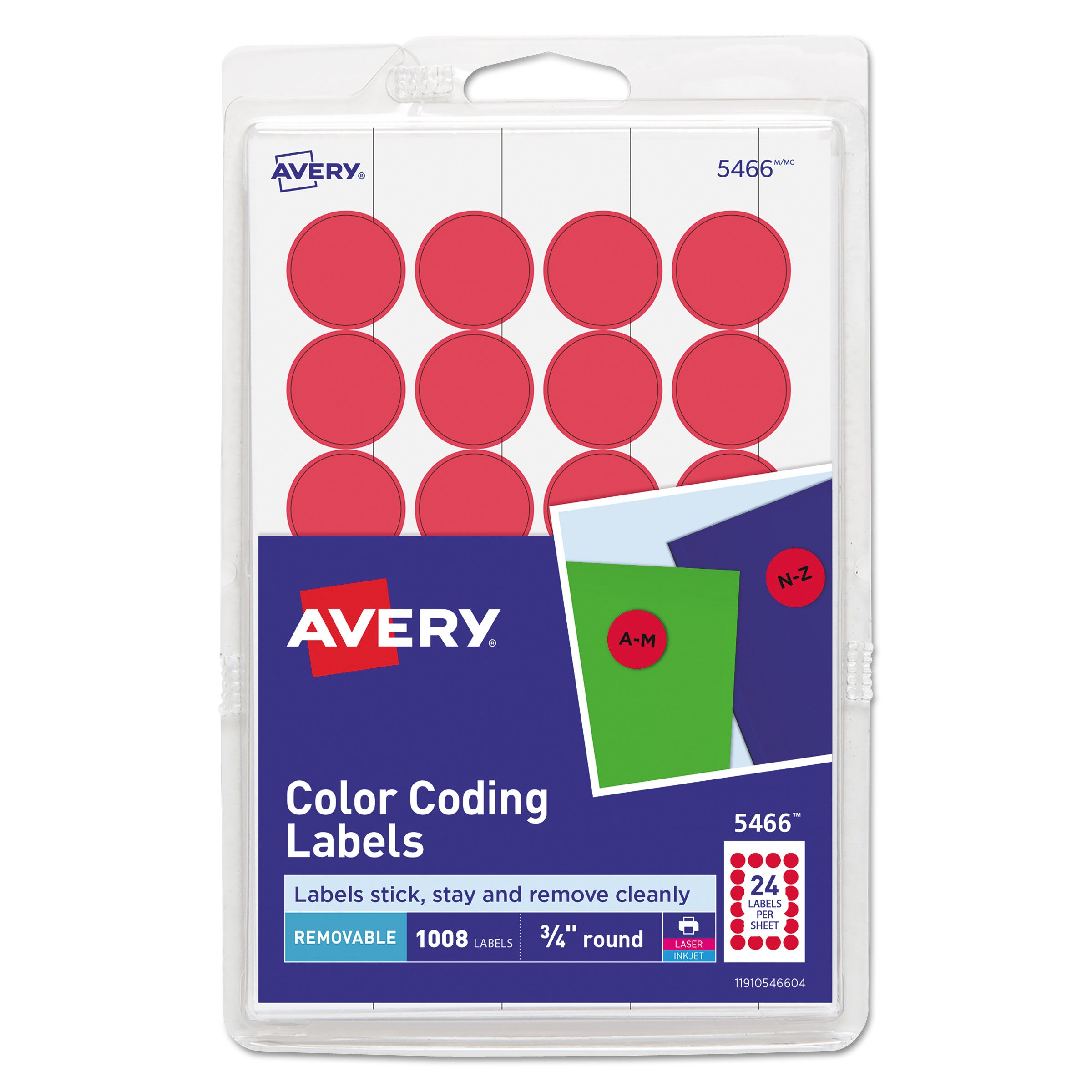 Printable Self-Adhesive Removable Color-Coding Labels, 0.75" dia, Red, 24/Sheet, 42 Sheets/Pack, (5466) -