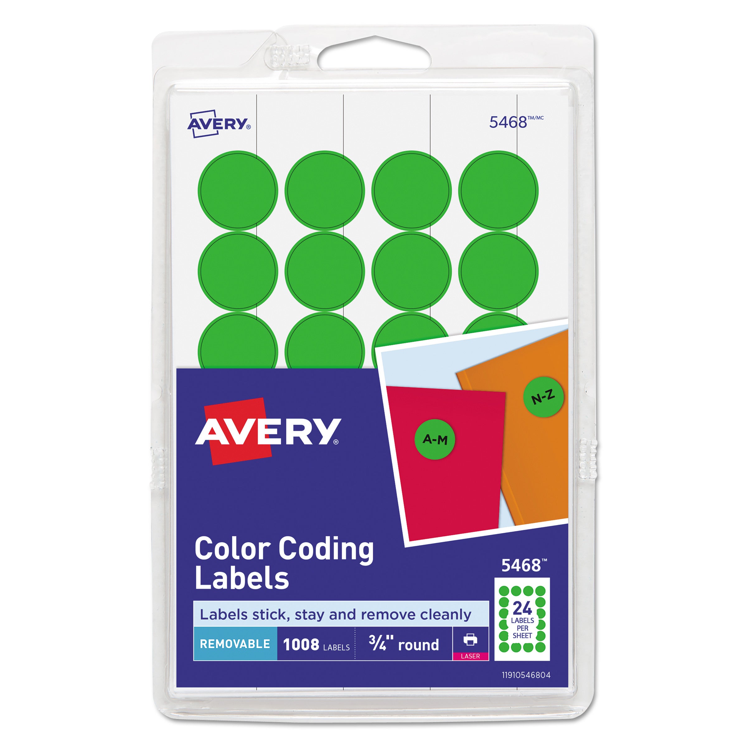 Printable Self-Adhesive Removable Color-Coding Labels, 0.75" dia, Neon Green, 24/Sheet, 42 Sheets/Pack, (5468) -