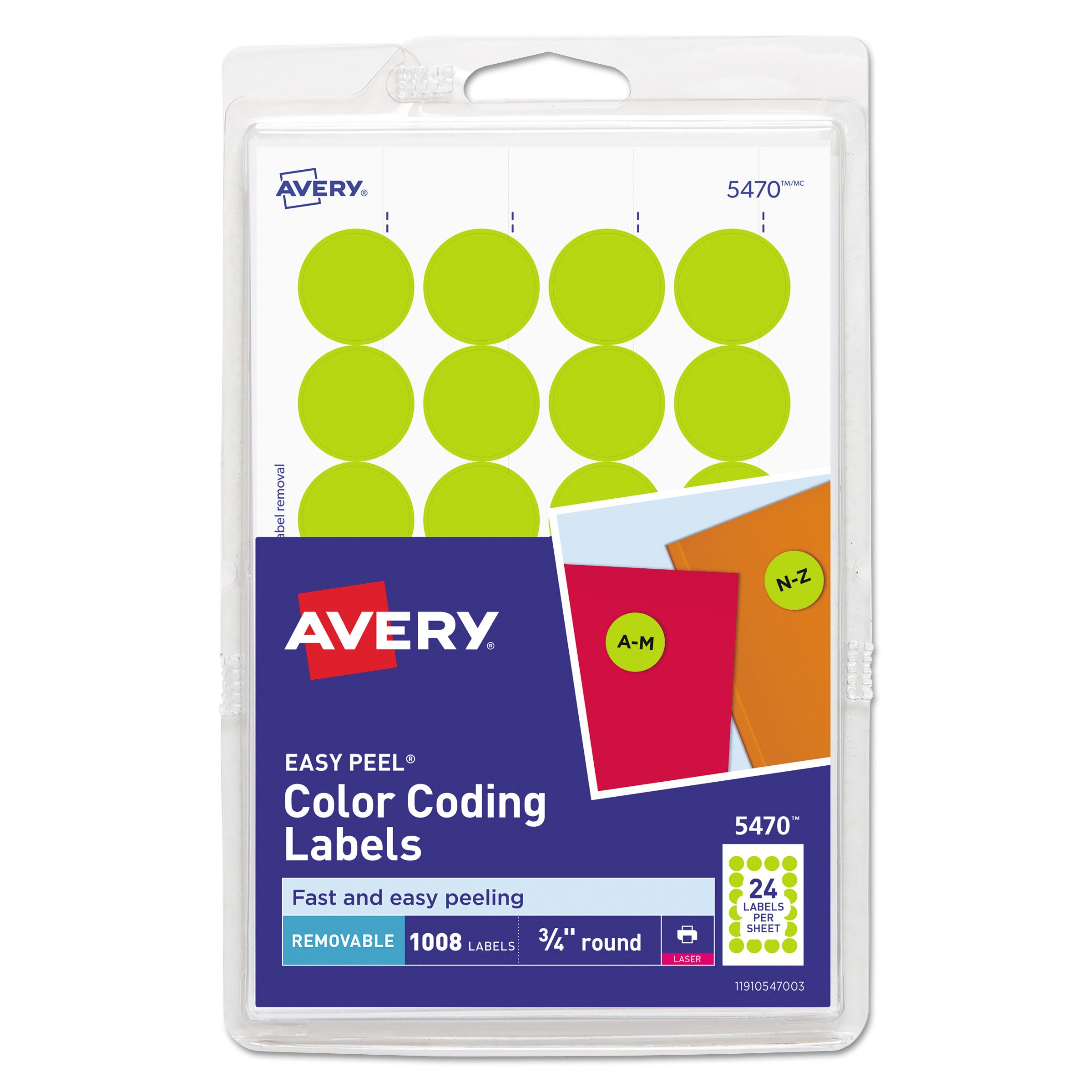 Printable Self-Adhesive Removable Color-Coding Labels, 0.75" dia, Neon Yellow, 24/Sheet, 42 Sheets/Pack, (5470) -