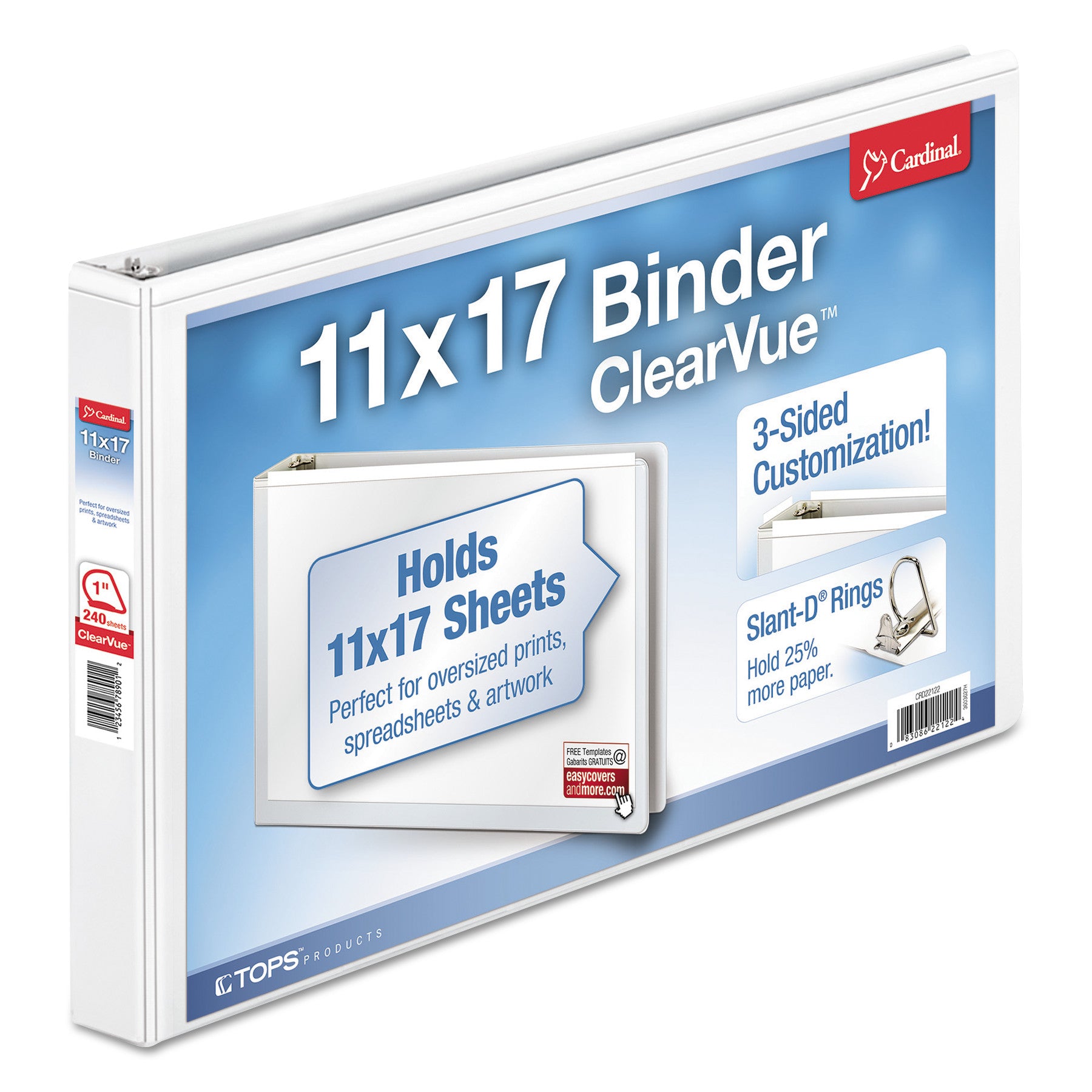 ClearVue Slant-D Ring Binder, 3 Rings, 1" Capacity, 11 x 17, White -