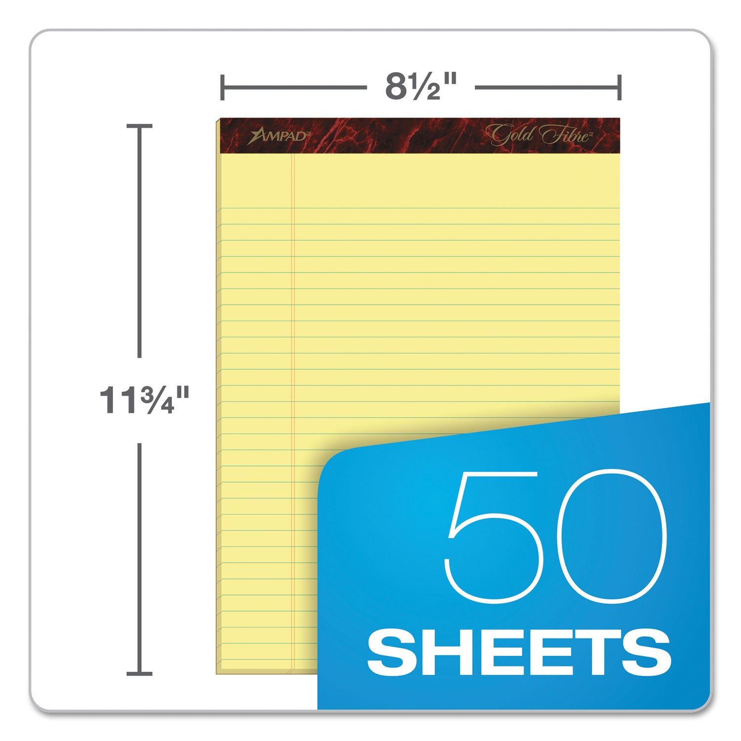 Gold Fibre Quality Writing Pads, Wide/Legal Rule, 50 Canary-Yellow 8.5 x 11.75 Sheets, Dozen -