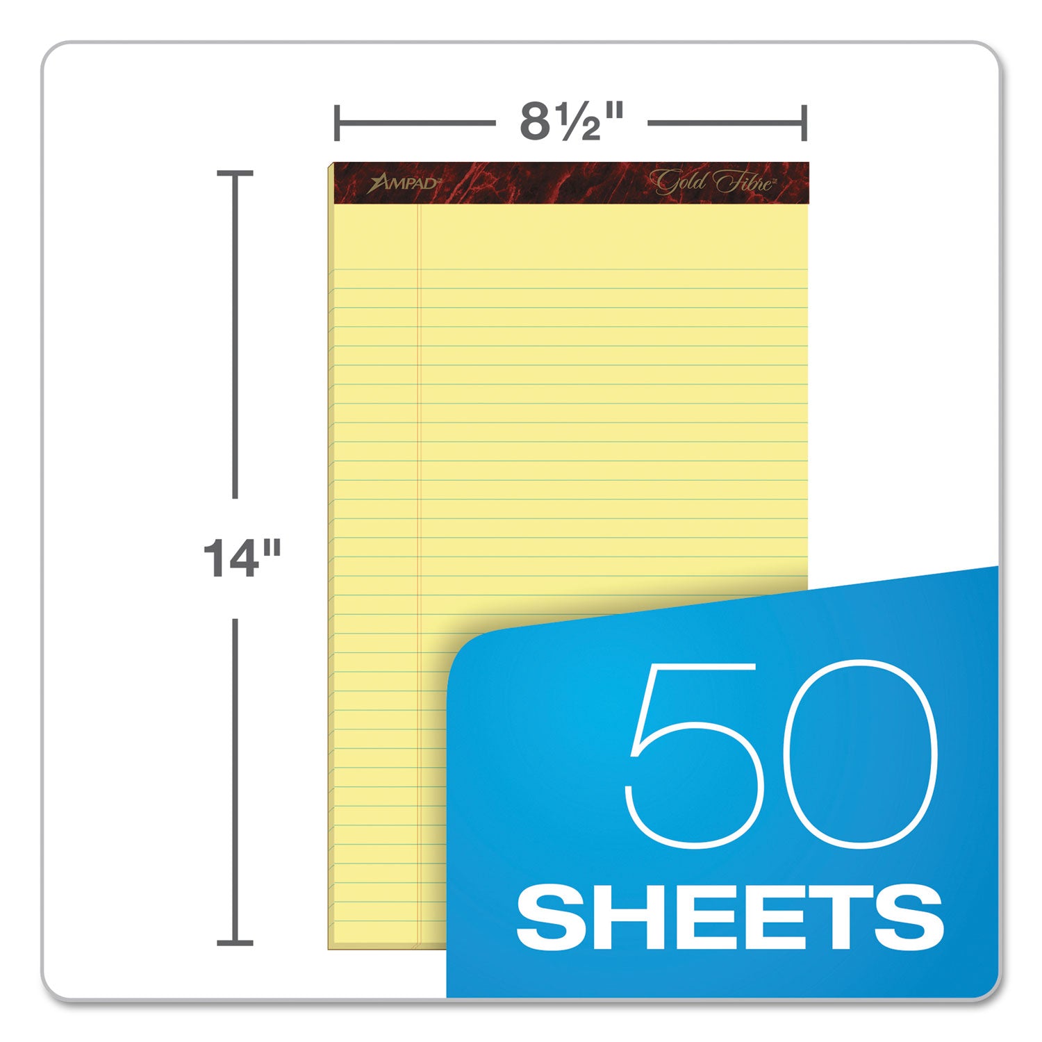 Gold Fibre Quality Writing Pads, Wide/Legal Rule, 50 Canary-Yellow 8.5 x 14 Sheets, Dozen -