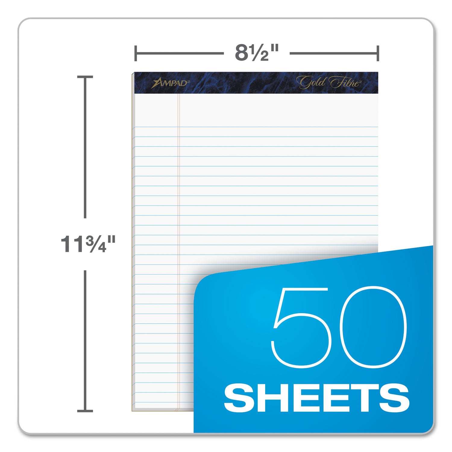 Gold Fibre Quality Writing Pads, Wide/Legal Rule, 50 White 8.5 x 11.75 Sheets, Dozen -