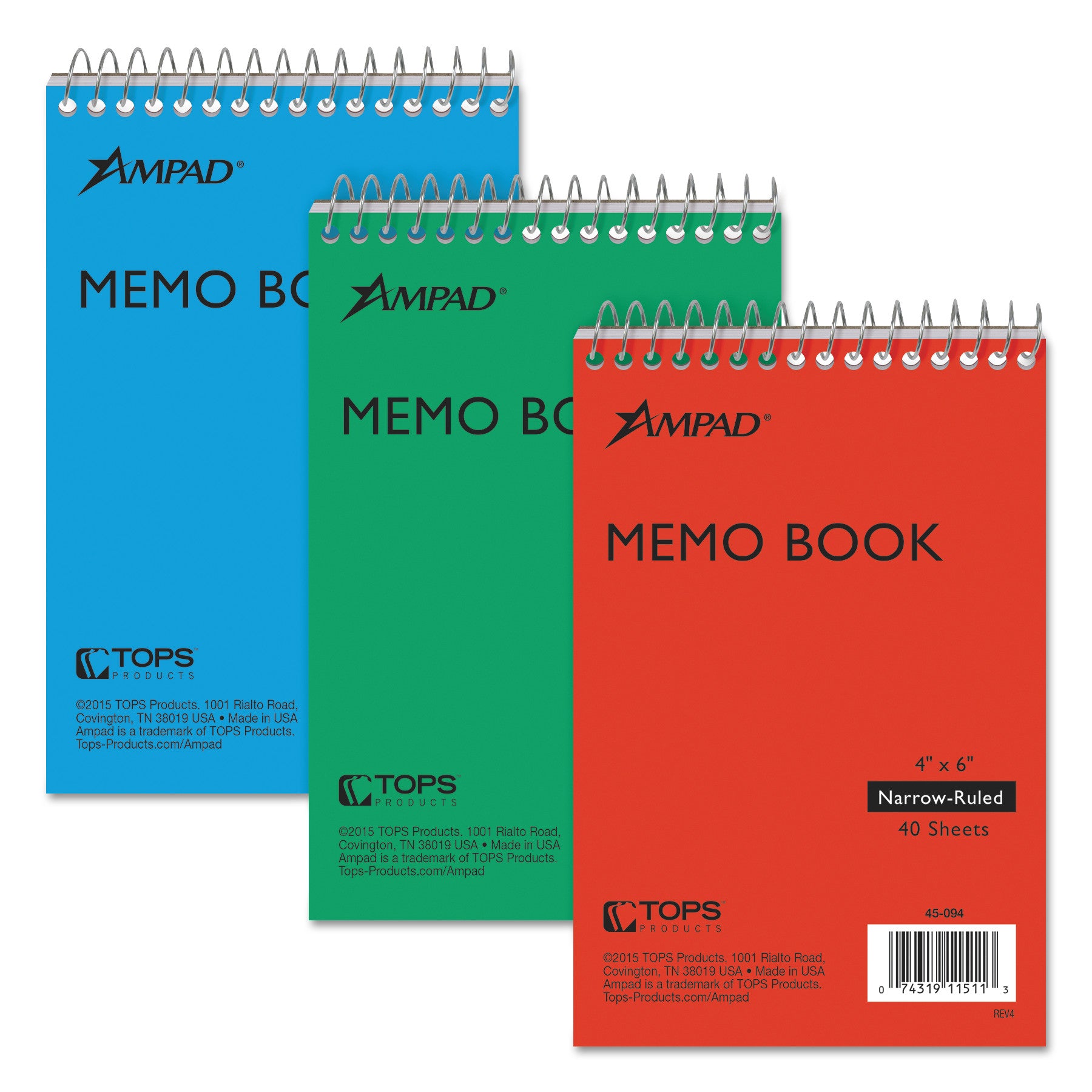 Memo Pads, Narrow Rule, Assorted Cover Colors, 40 White 4 x 6 Sheets, 3/Pack -
