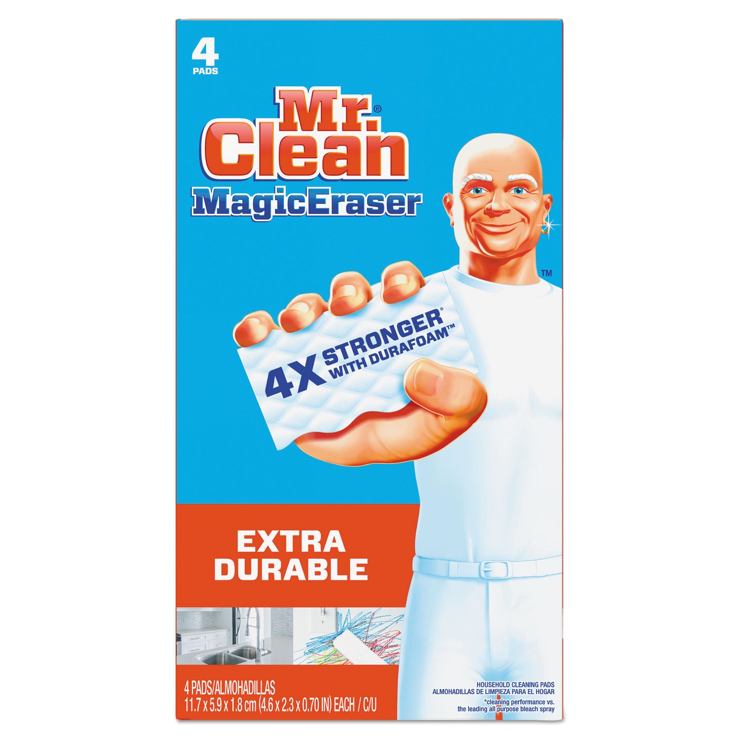 Magic Eraser Extra Durable, 4.6 x 2.4, 0.7" Thick, 4/Box -