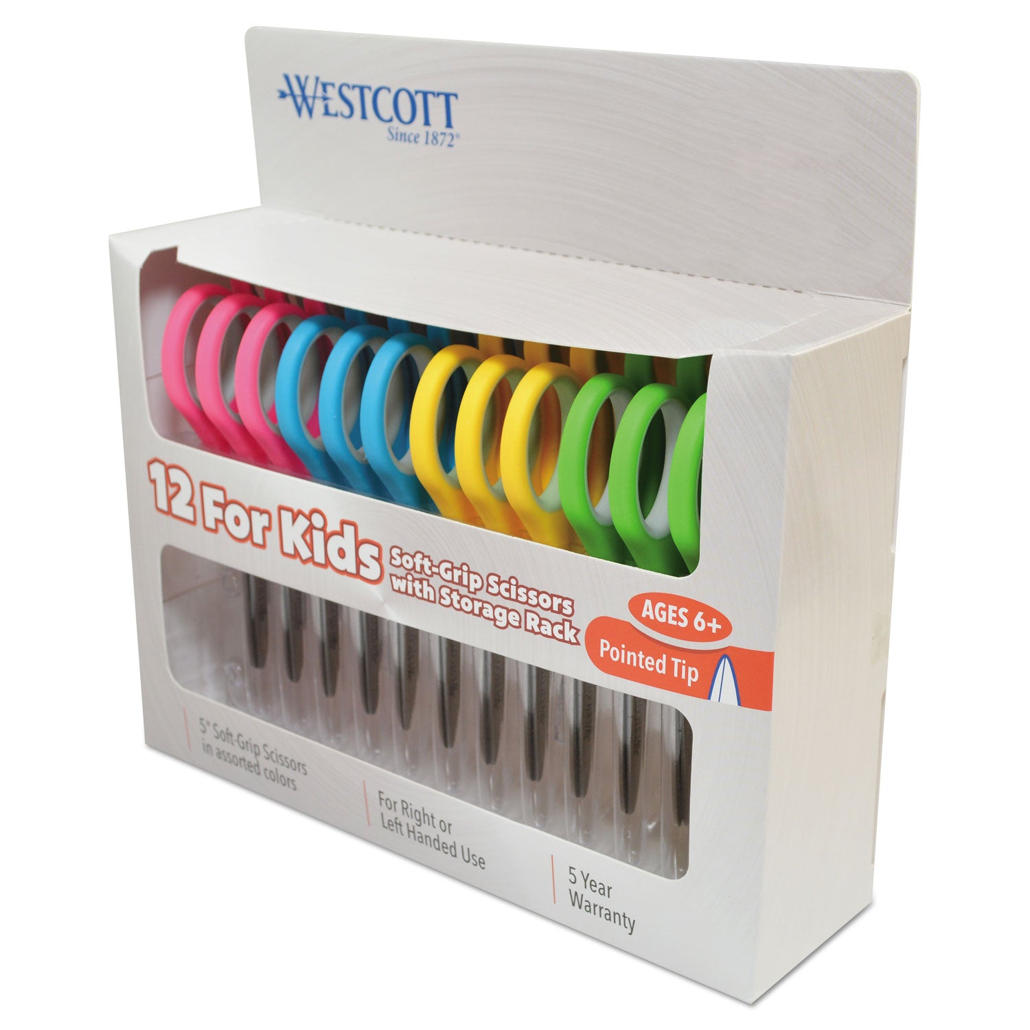 Soft Handle Kids Scissors, Pointed Tip, 5" Long, 1.75" Cut Length, Assorted Straight Handles, 12/Pack -
