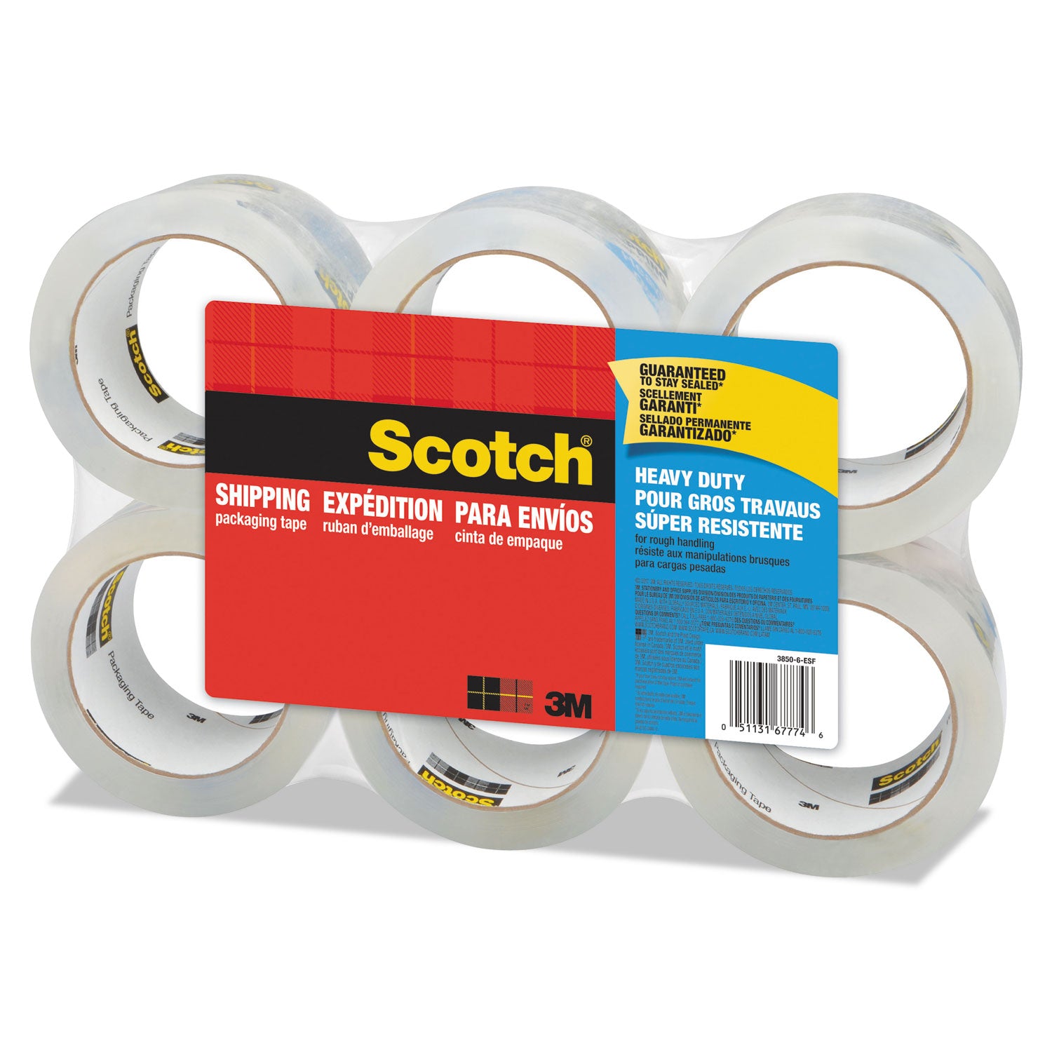 3850 Heavy-Duty Packaging Tape, 3" Core, 1.88" x 54.6 yds, Clear, 6/Pack -