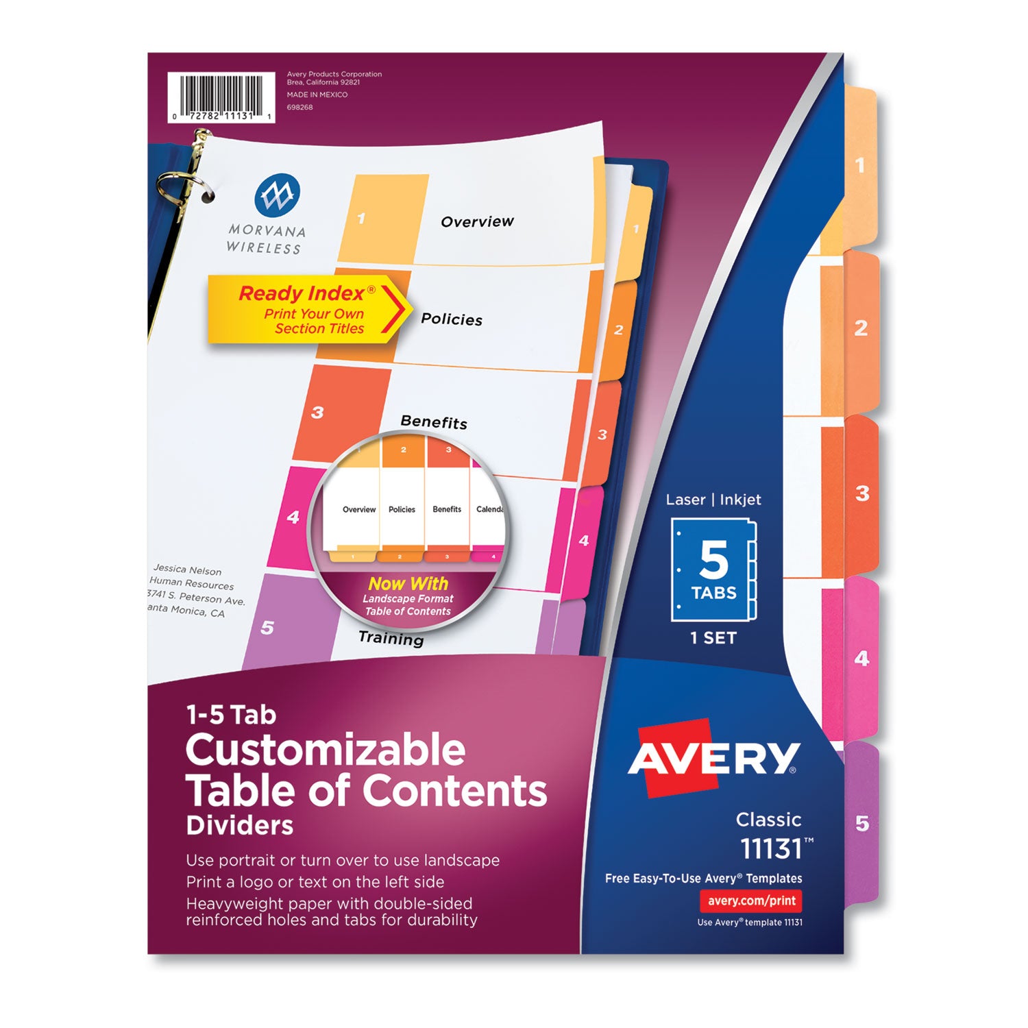Customizable TOC Ready Index Multicolor Tab Dividers, 5-Tab, 1 to 5, 11 x 8.5, White, Traditional Color Tabs, 1 Set -