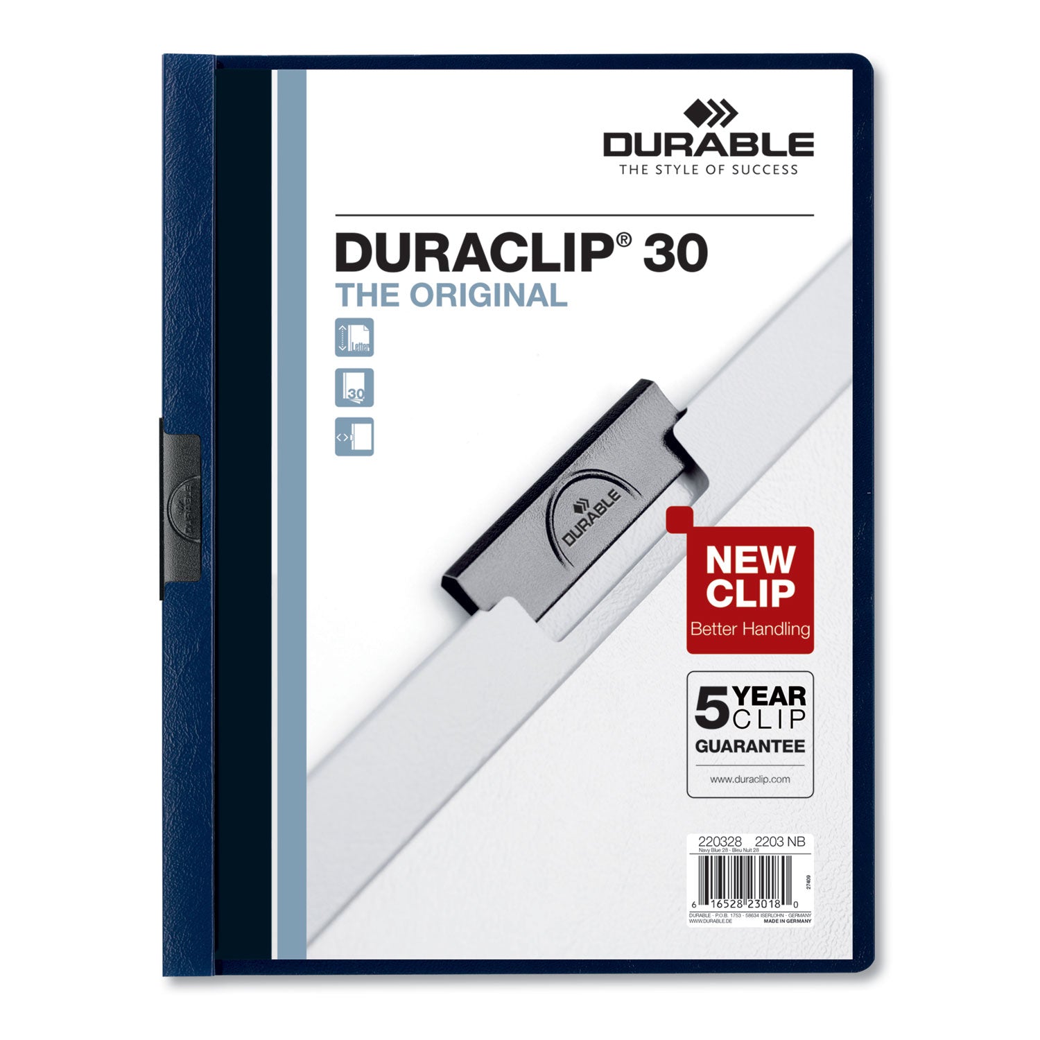 DuraClip Report Cover, Clip Fastener, 8.5 x 11, Clear/Navy, 25/Box -