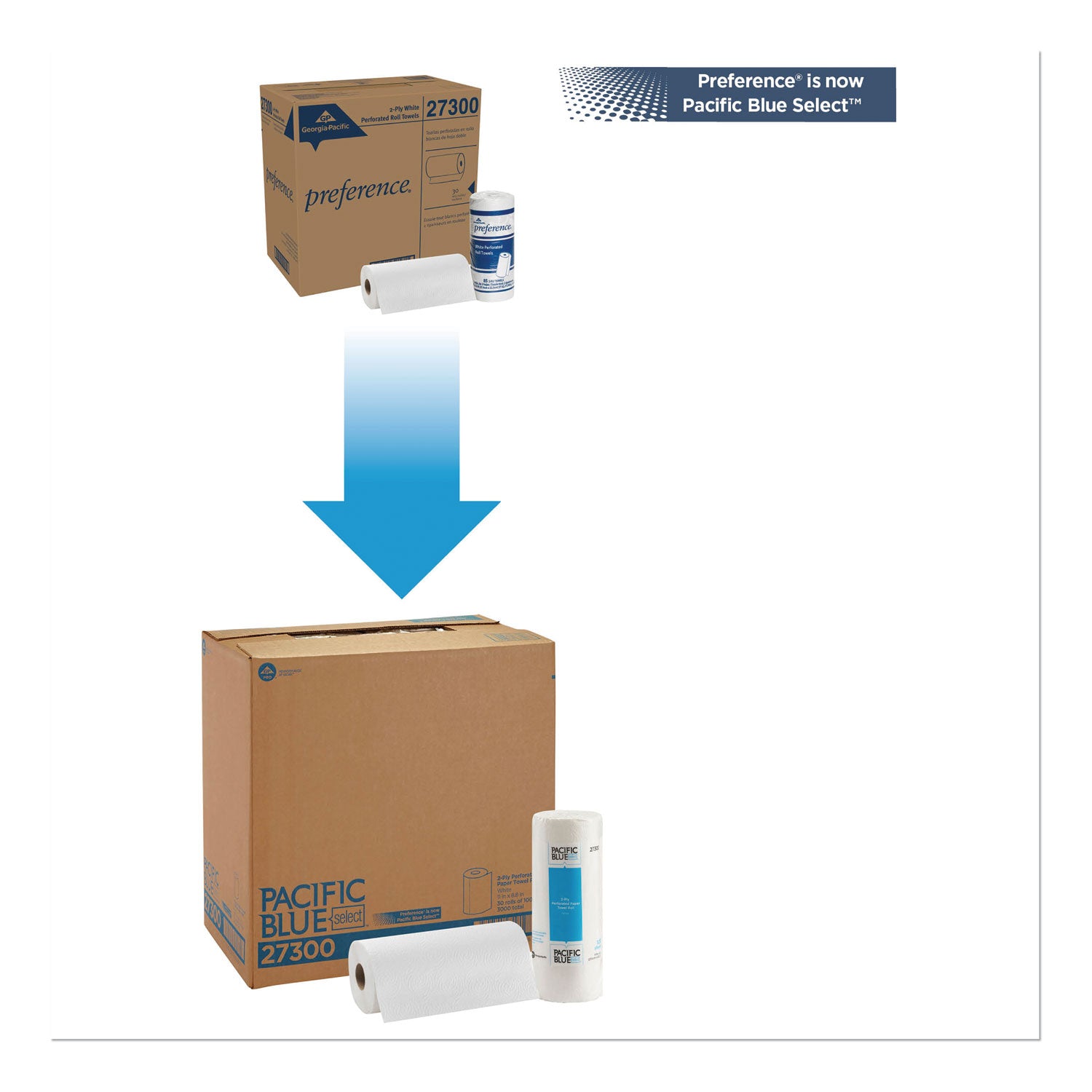 Pacific Blue Select Two-Ply Perforated Paper Kitchen Roll Towels, 2-Ply, 11 x 8.8, White, 100/Roll, 30 Rolls/Carton -