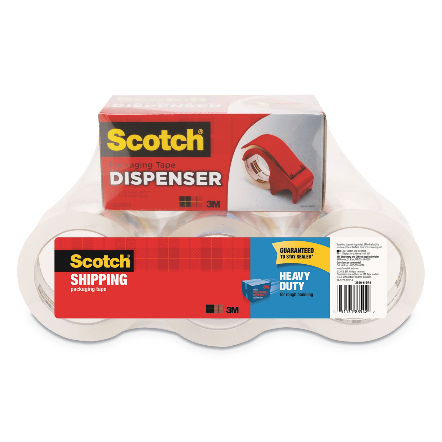 3850 Heavy-Duty Packaging Tape with DP300 Dispenser, 3" Core, 1.88" x 54.6 yds, Clear, 6/Pack -