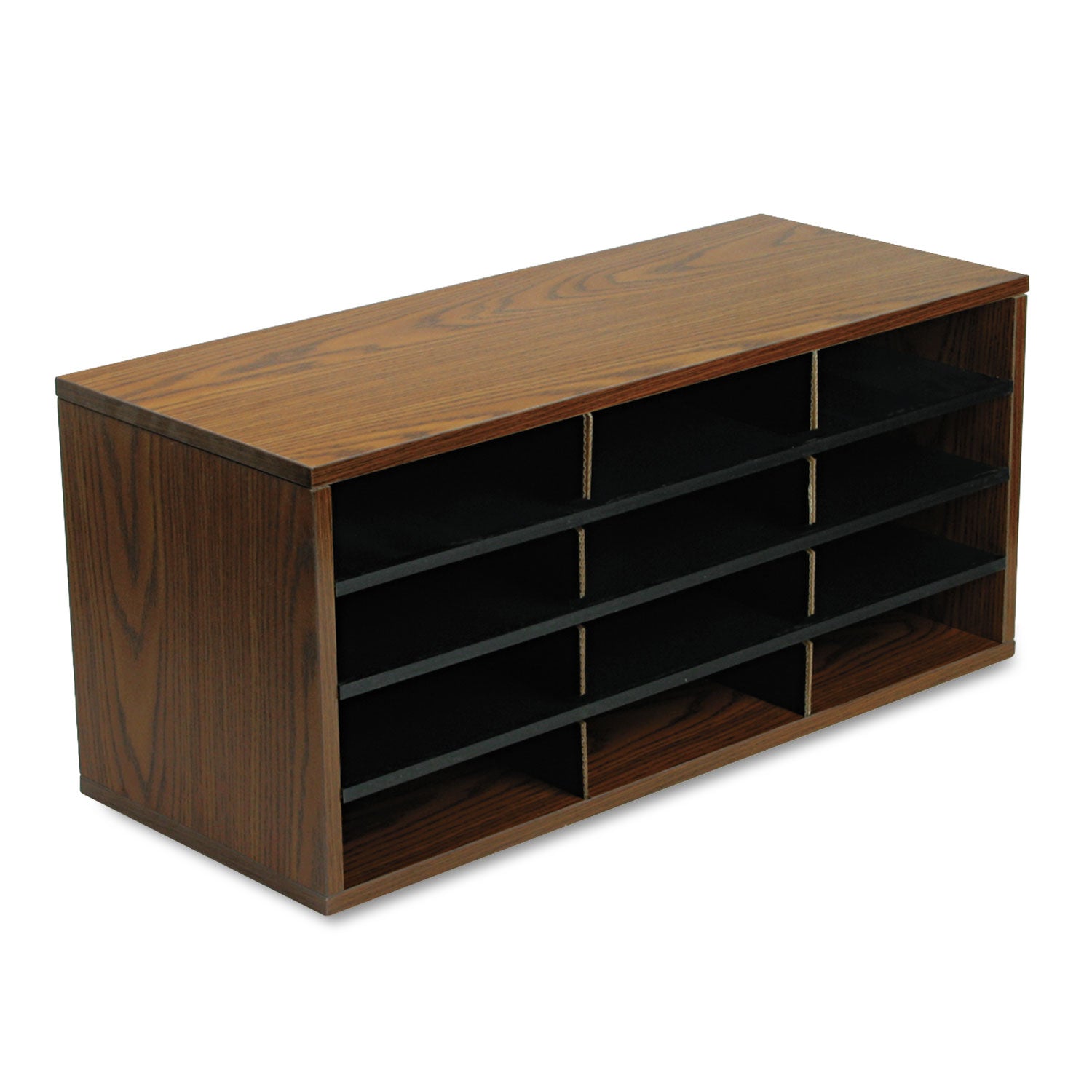 Particle Board Desktop Sorter, 12 Compartments, 29 x 11.88 x 12.94, Medium Oak -