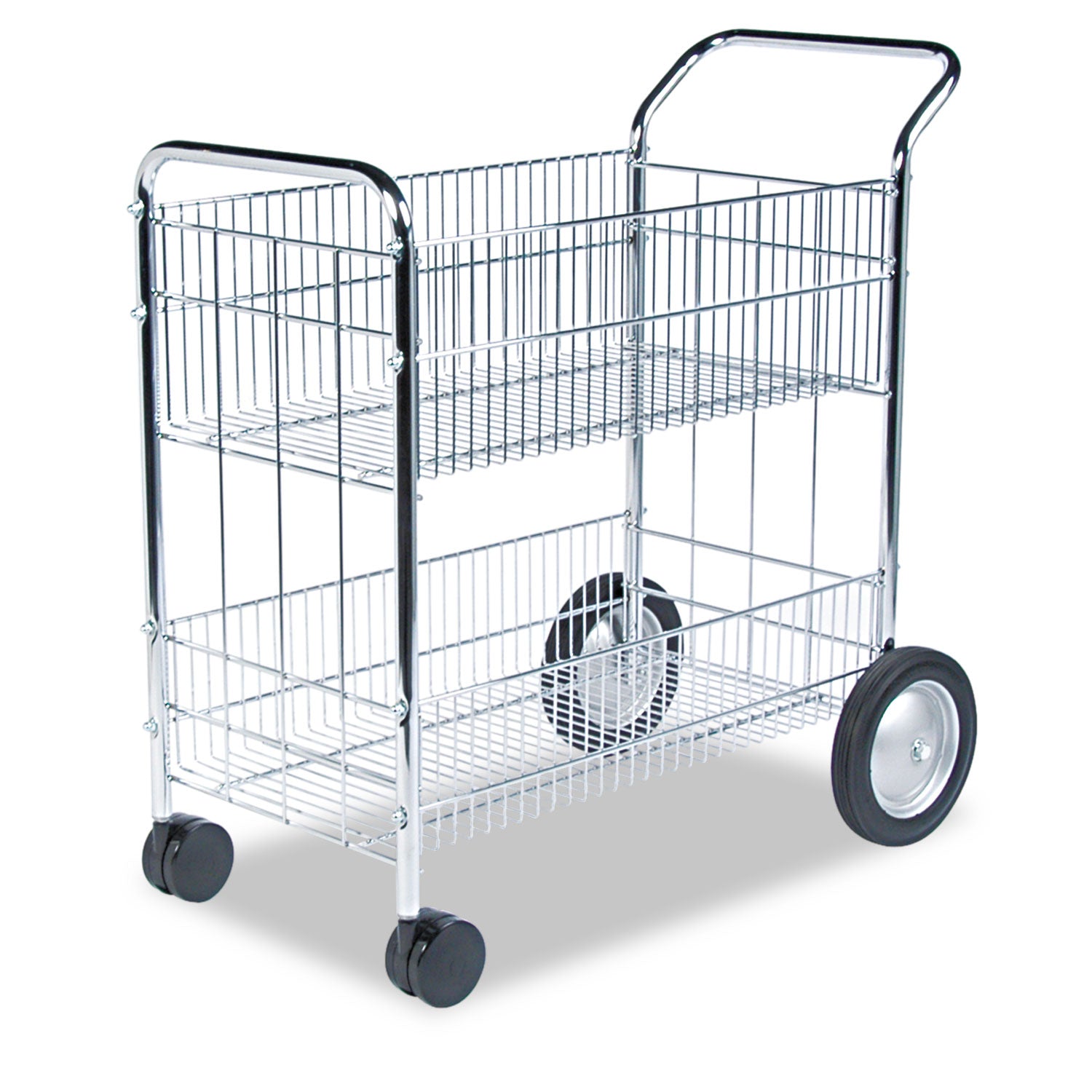 Wire Mail Cart, Metal, 2 Bins, 21.5" x 37.5" x 39.5", Chrome -