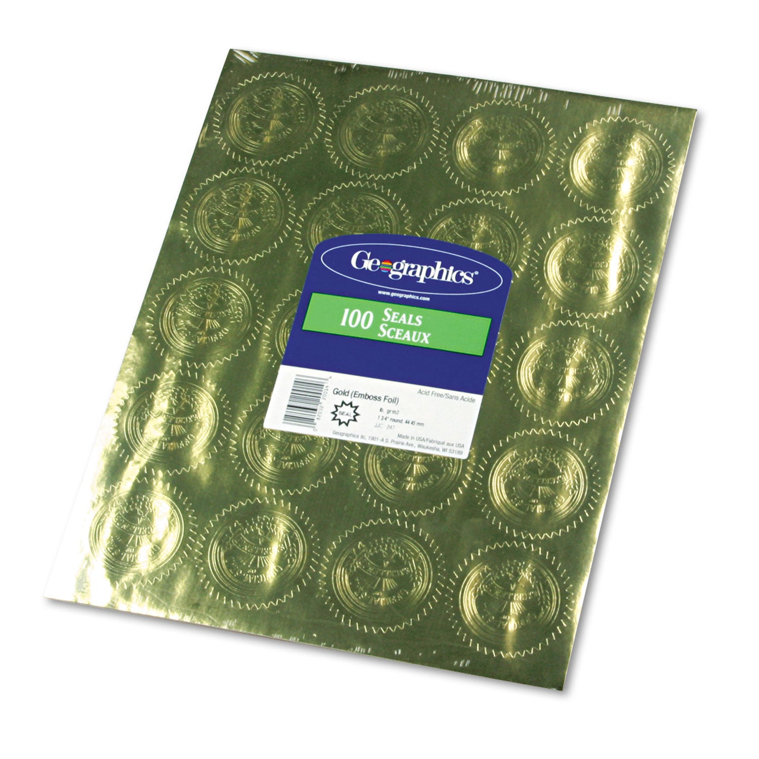Self-Adhesive Embossed Seals, 2" dia, Gold, 20/Sheet, 5 Sheets/Pack -