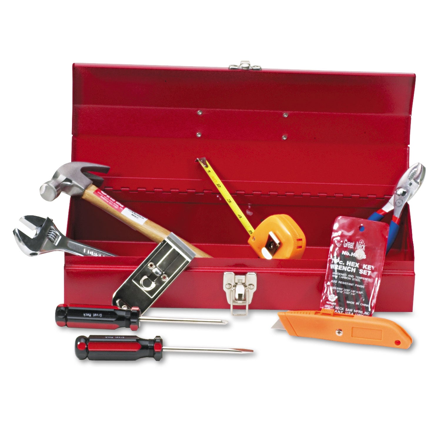 16-Piece Light-Duty Office Tool Kit, Metal Box, Red - 1