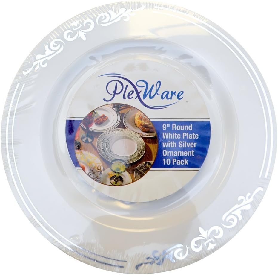 9" Round White Plate with Silver Ornament, 10/Pack, 12/Case
