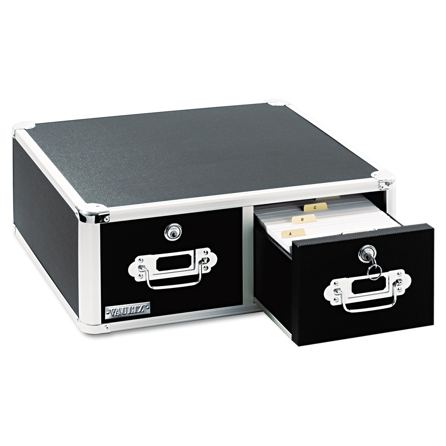 Vaultz Locking Two-Drawer Index Card Box, Holds 3,000 4 x 6 Cards, 17.5 x 14 x 6.5, Black -