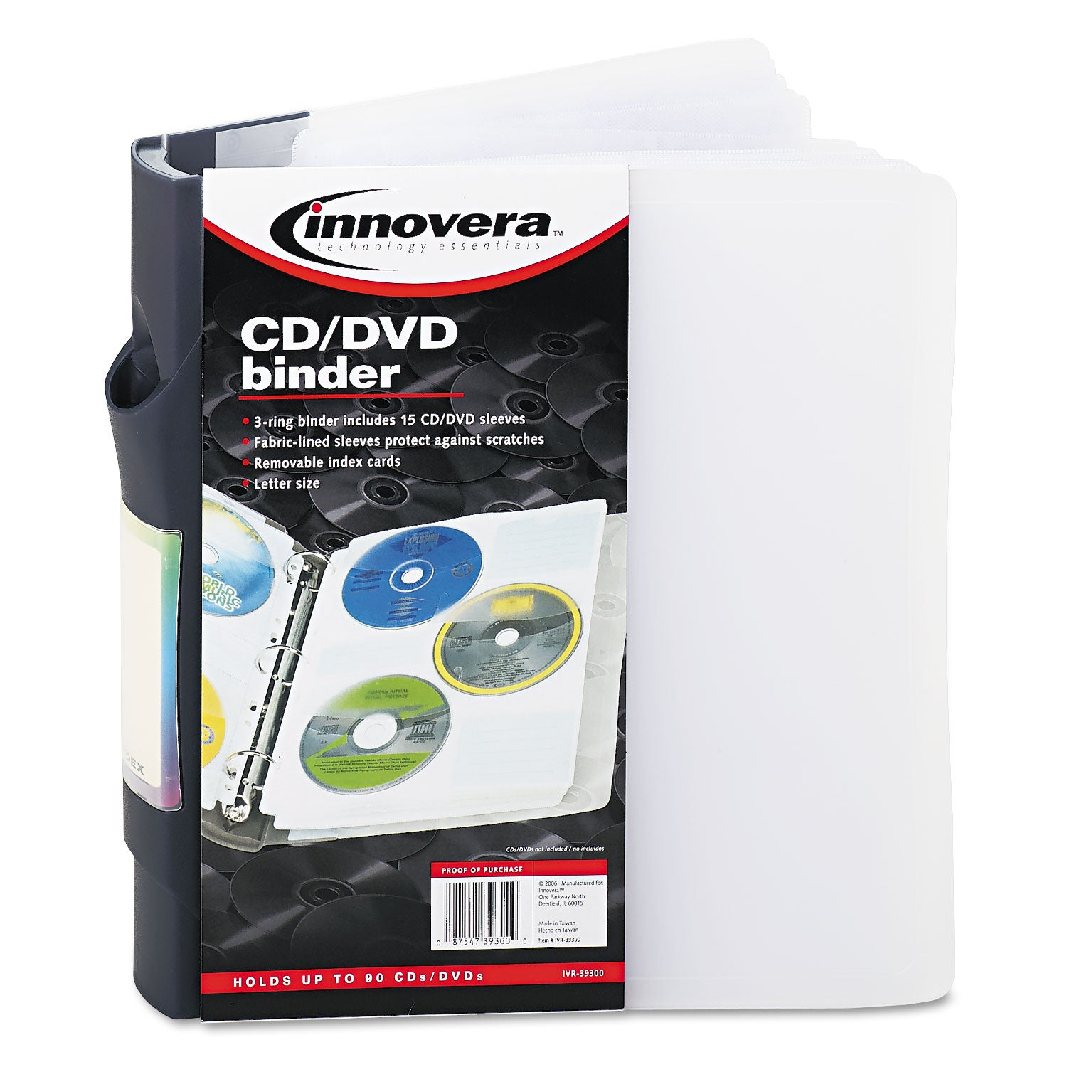 CD/DVD Three-Ring Refillable Binder, Holds 90 Discs, Midnight Blue/Clear -