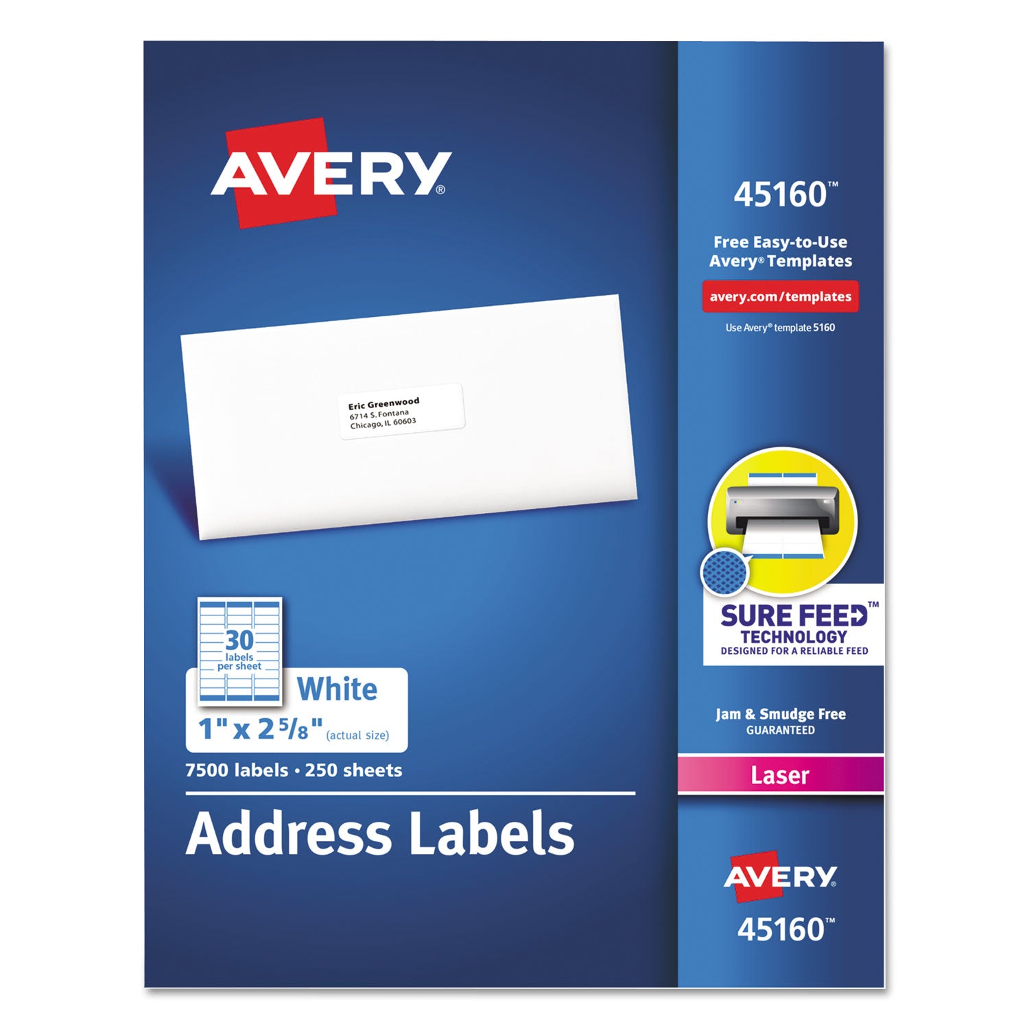 White Address Labels w/ Sure Feed Technology for Laser Printers, Laser Printers, 1 x 2.63, White, 30/Sheet, 250 Sheets/Box -