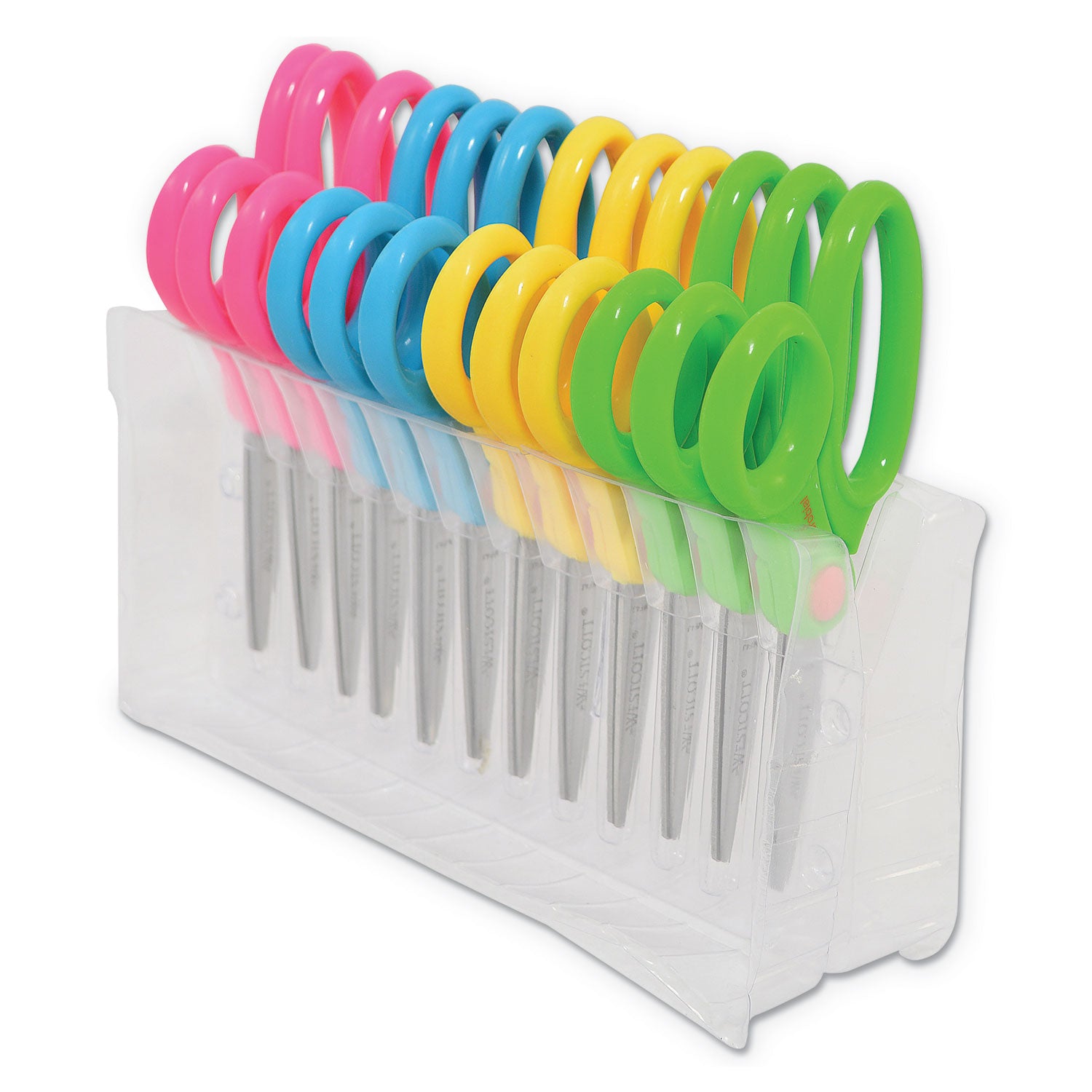 Kids' Scissors with Antimicrobial Protection, Pointed Tip, 5" Long, 2" Cut Length, Assorted Straight Handles, 12/Pack -