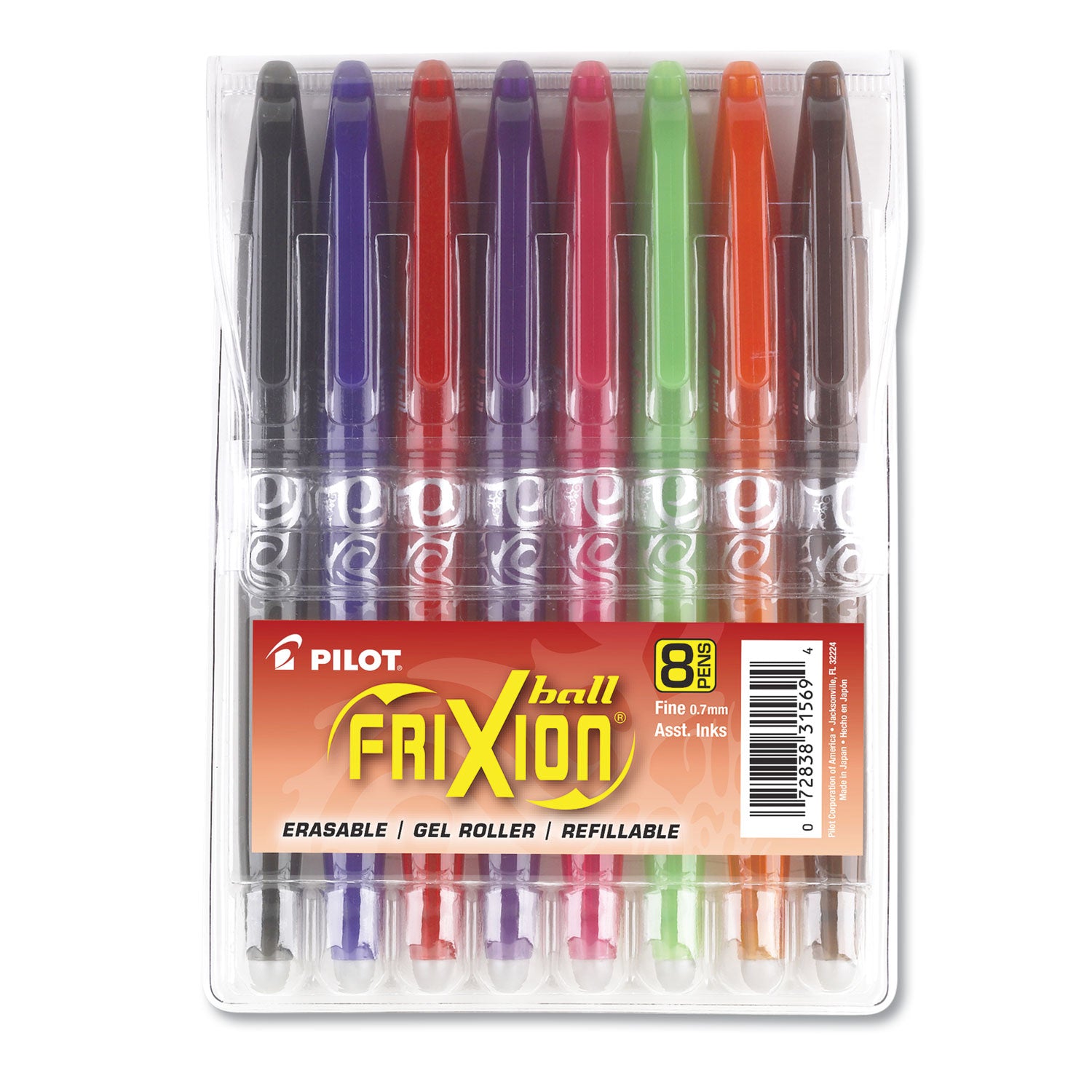 FriXion Ball Erasable Gel Pen, Stick, Fine 0.7 mm, Assorted Ink and Barrel Colors, 8/Pack -