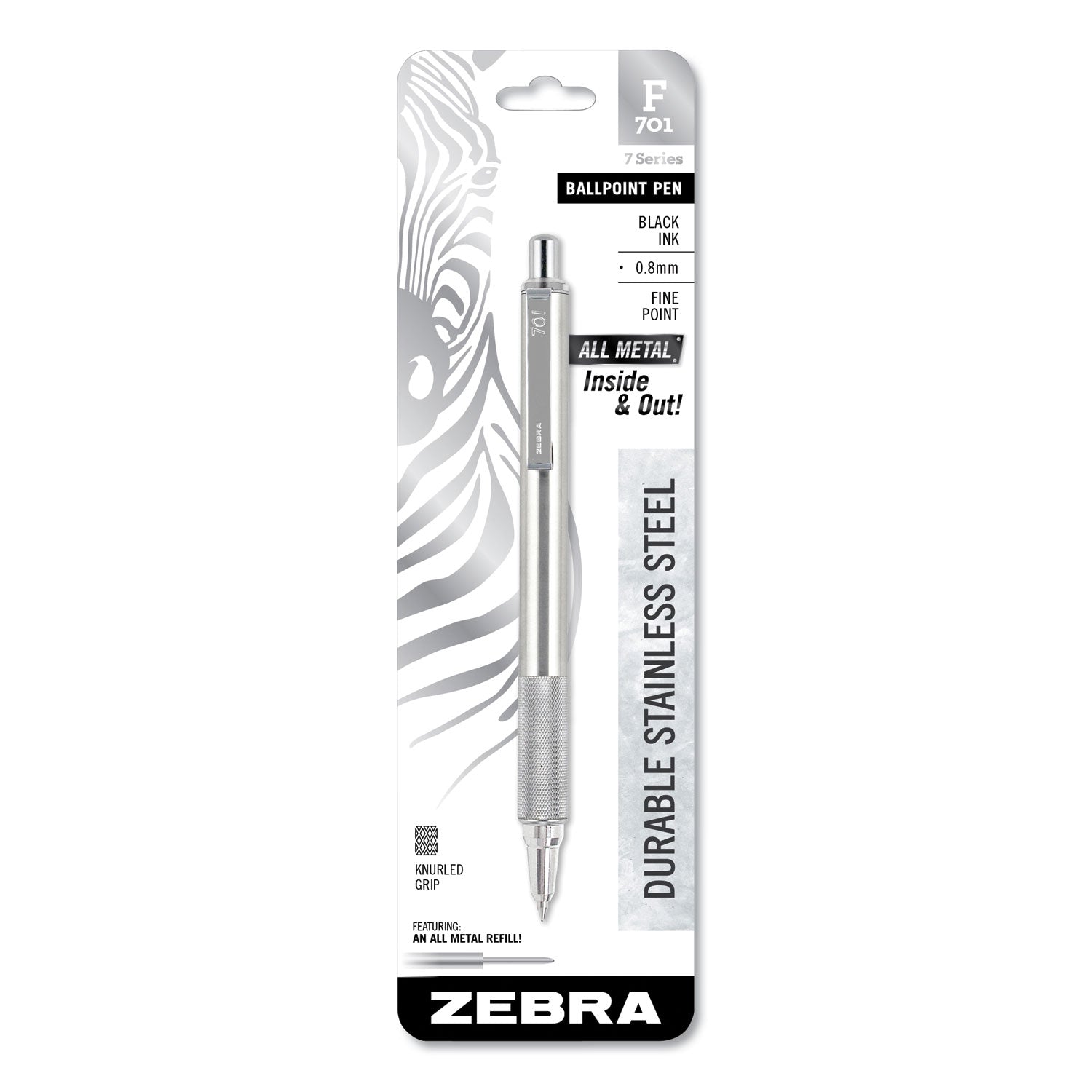 F-701 Ballpoint Pen, Retractable, Fine 0.7 mm, Black Ink, Stainless Steel/Black Barrel -