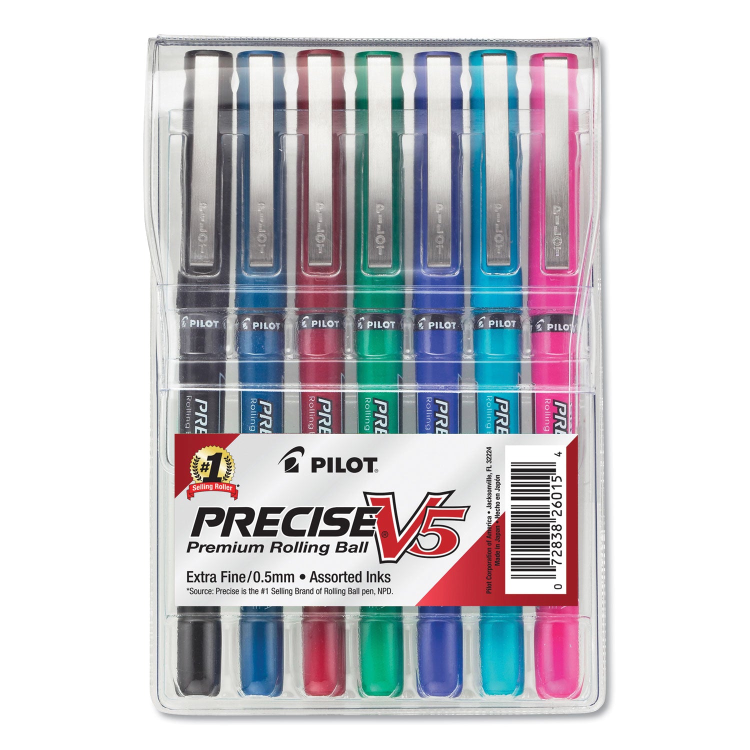 Precise V5 Roller Ball Pen, Stick, Extra-Fine 0.5 mm, Assorted Ink and Barrel Colors, 7/Pack -